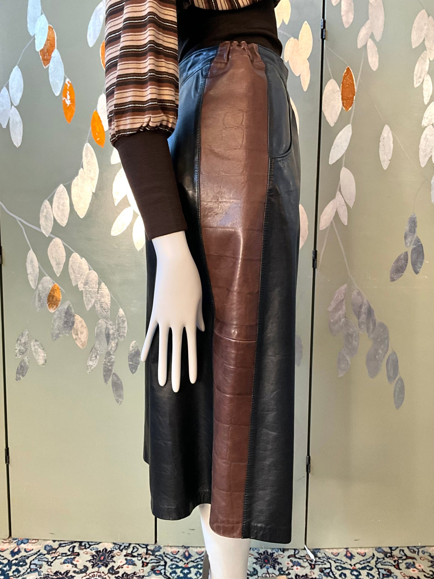 Vintage 1980s Black and Brown Leather Midi Skirt, W30