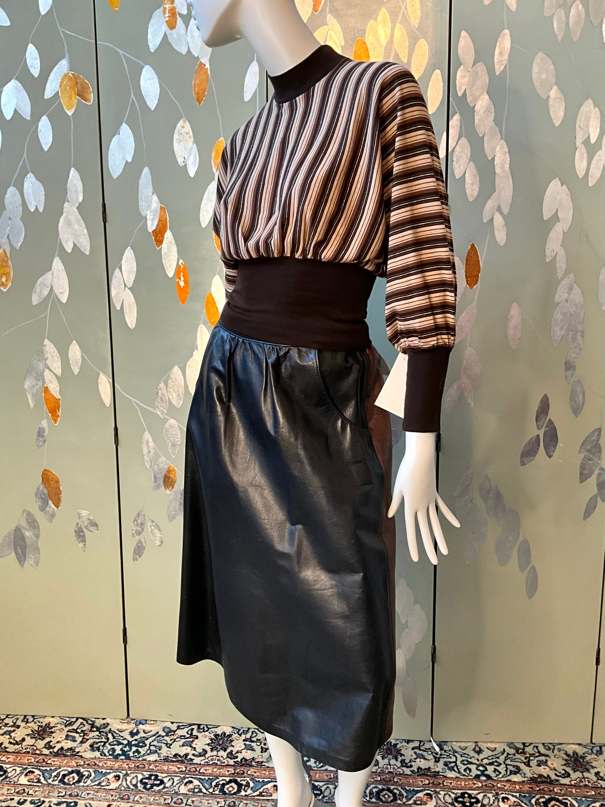 Vintage 1980s Black and Brown Leather Midi Skirt, W30
