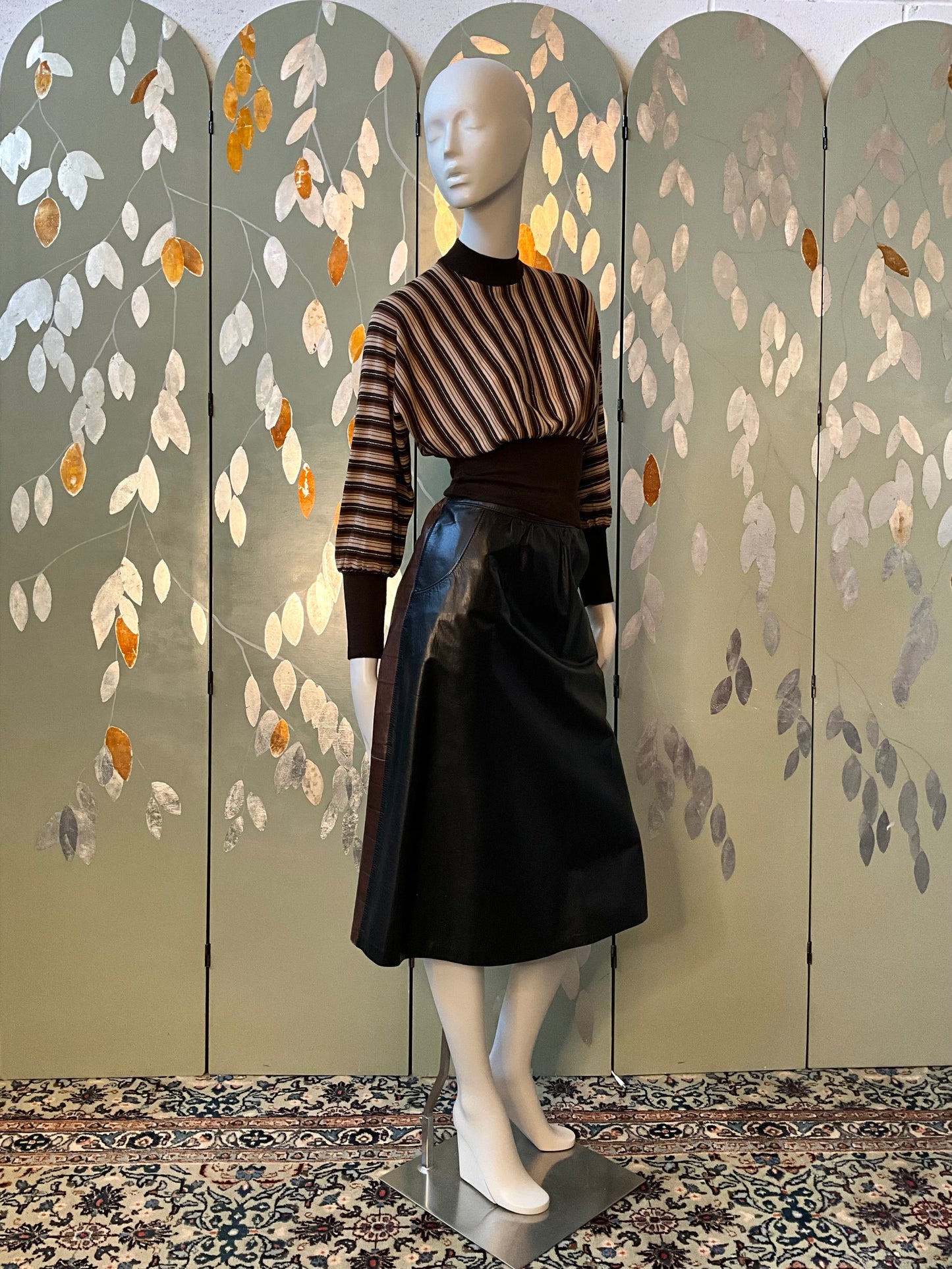 Vintage 1980s Black and Brown Leather Midi Skirt, W30