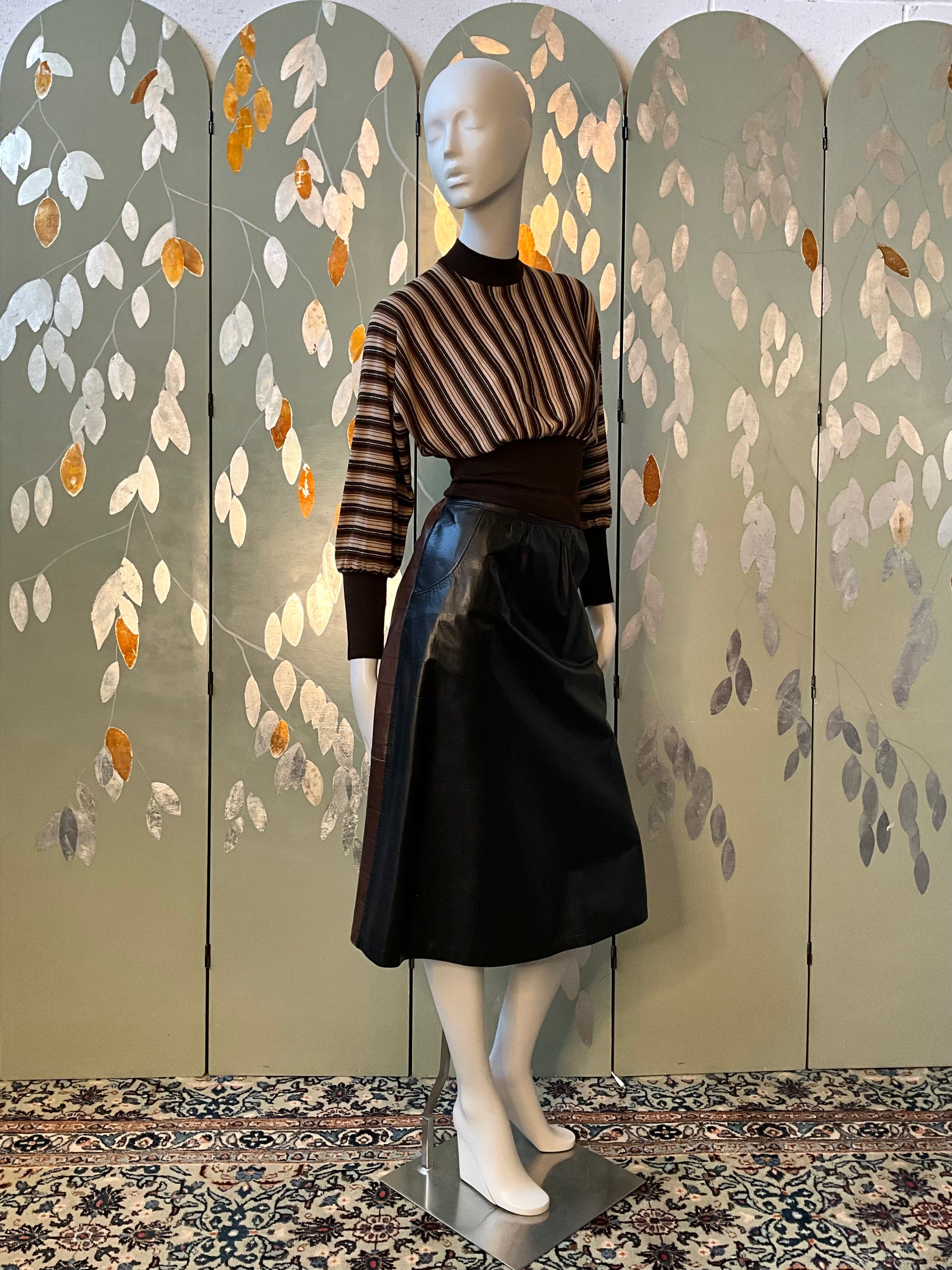 Vintage 1980s Black and Brown Leather Midi Skirt, W30