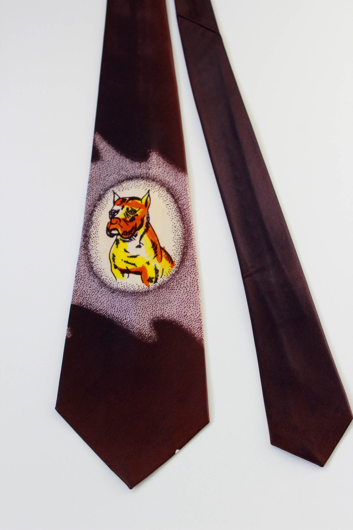 1940s rayon necktie with handpainted bulldog, purple background wide tongue vintage tie