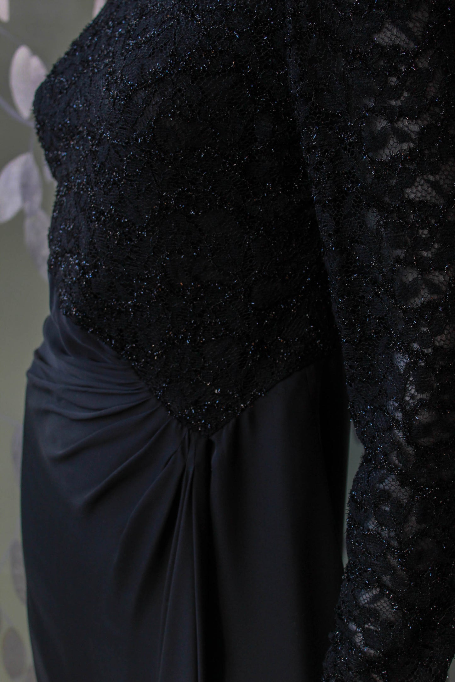 80s Black Metallic Lace Silk Carolina Herrera Dress, Long Sleeves, knee length vintage designer fashion