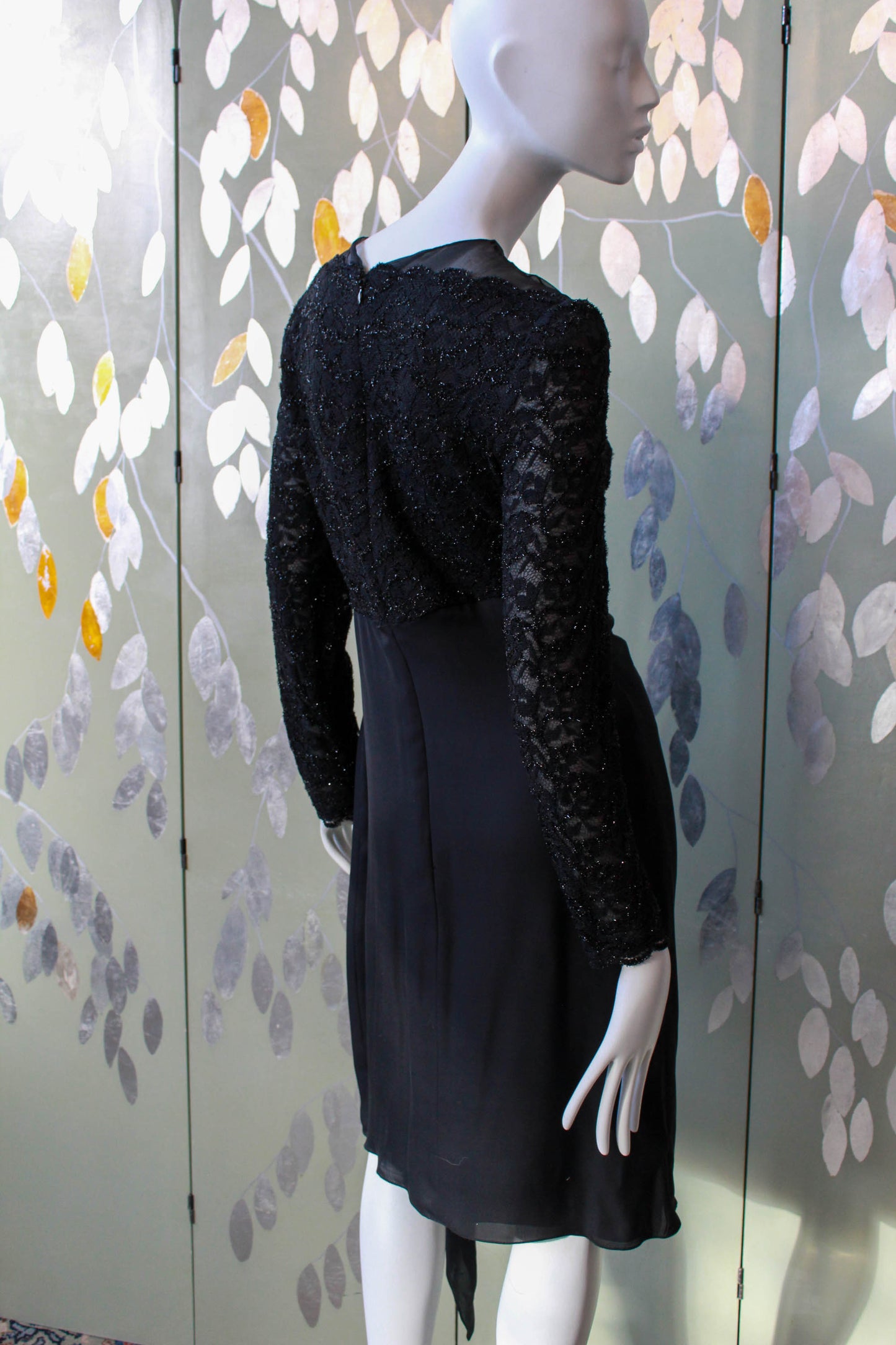 80s Black Metallic Lace Silk Carolina Herrera Dress, Long Sleeves, knee length vintage designer fashion