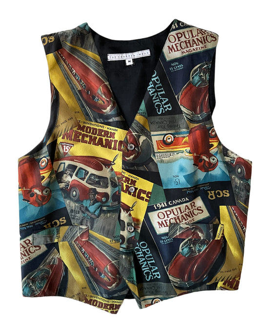 Vintage 1980s Canadian Car Mechanic Magazine Novelty Print Silk Waistcoat, Medium 