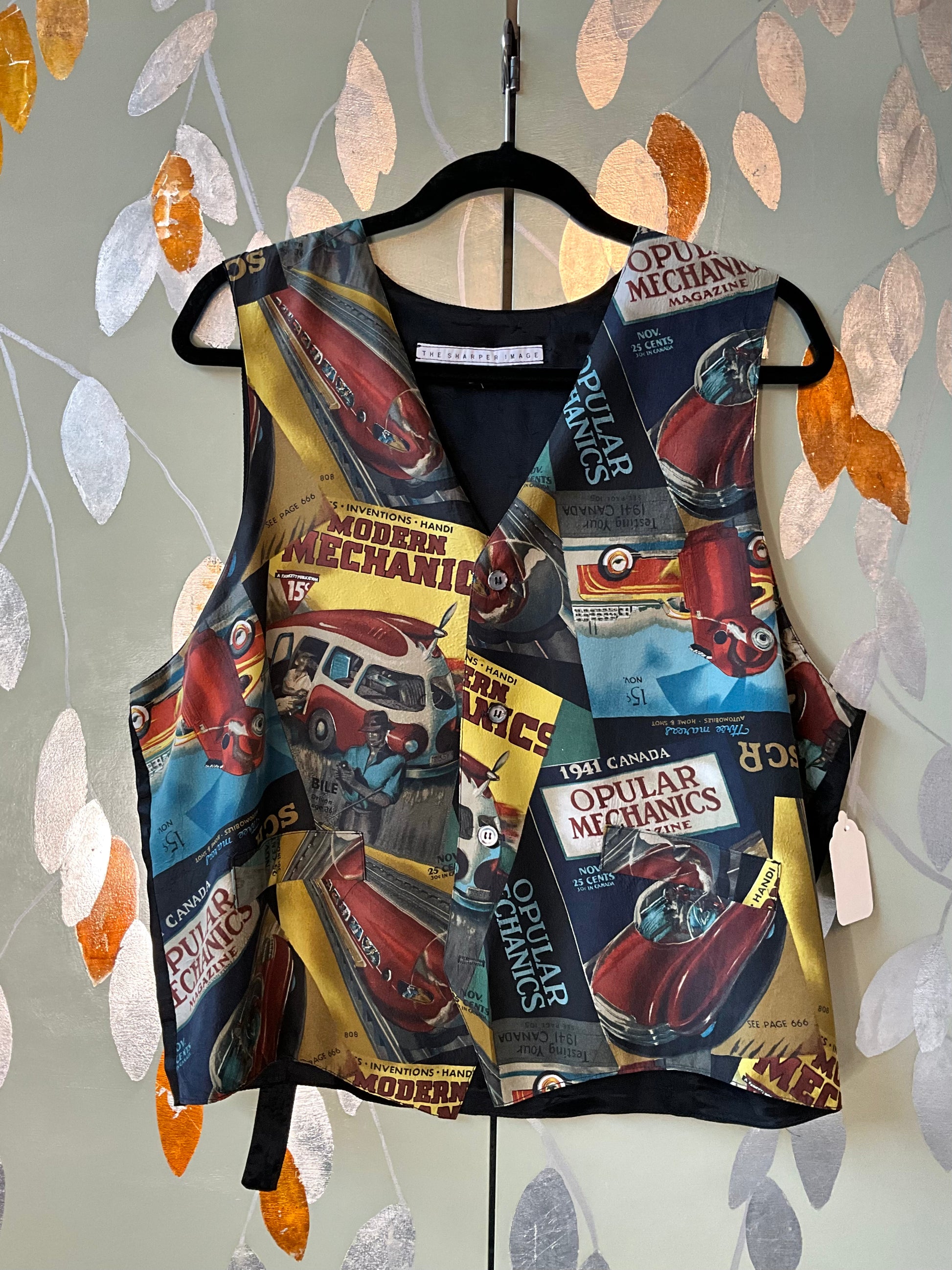 Vintage 1980s Canadian Car Mechanic Magazine Novelty Print Silk Waistcoat, Medium 