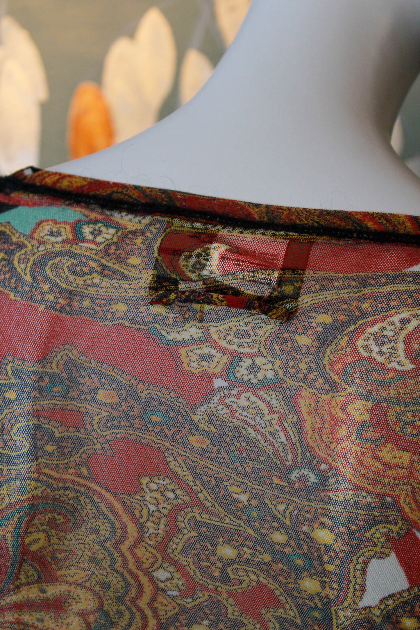 jean paul gaultier sheer mesh paisley print nylon long sleeve shirt red and gold designer 2000s vintage y2k