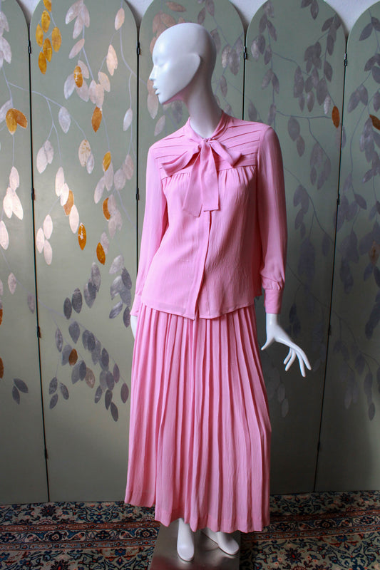 1980s Celine Pink Silk Blouse with Secretary Tie and Maxi Pleated Skirt