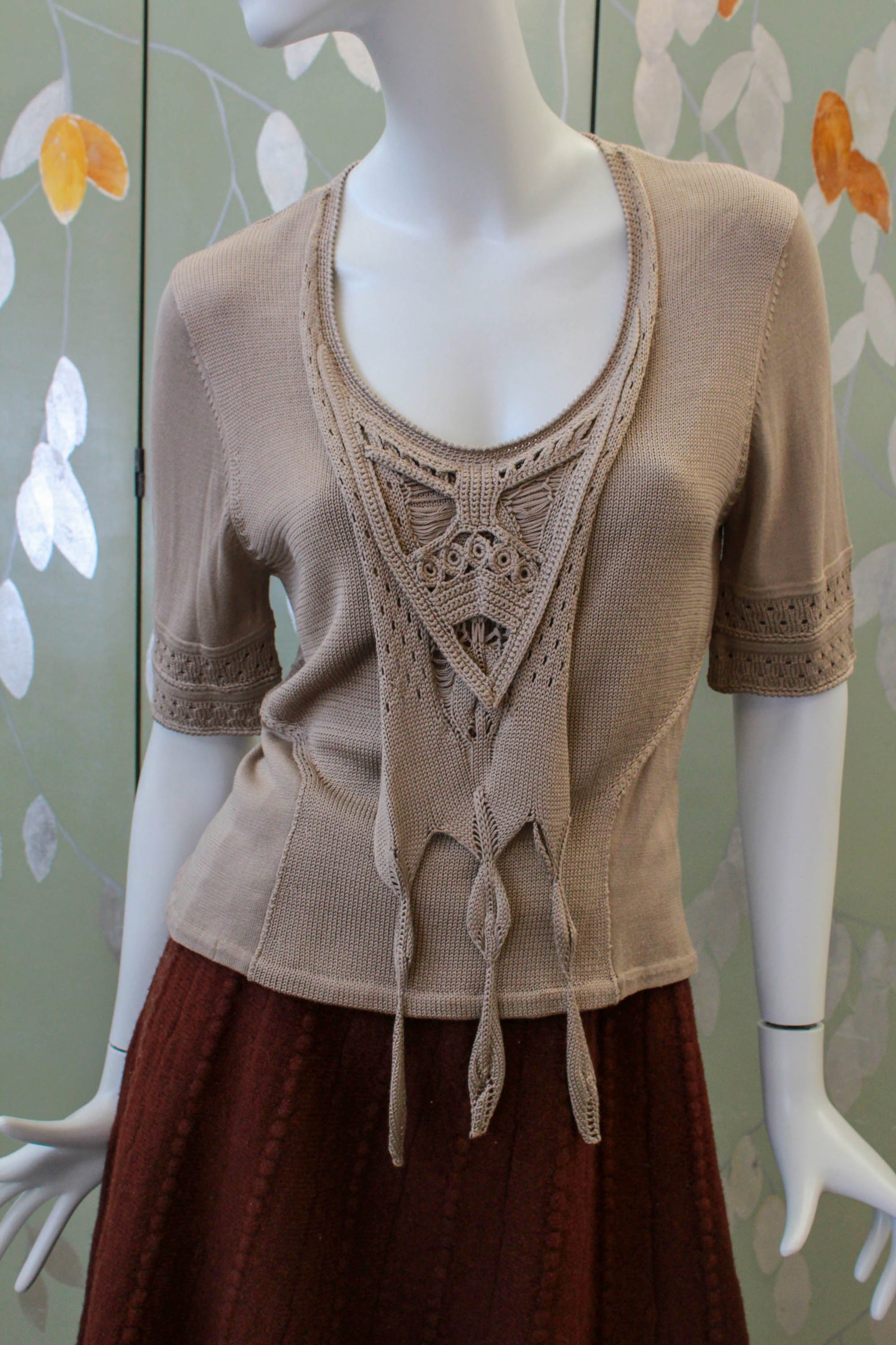 christian lacroix taupe silk knit short sleeve top with bib detail on front y2k designer vintage