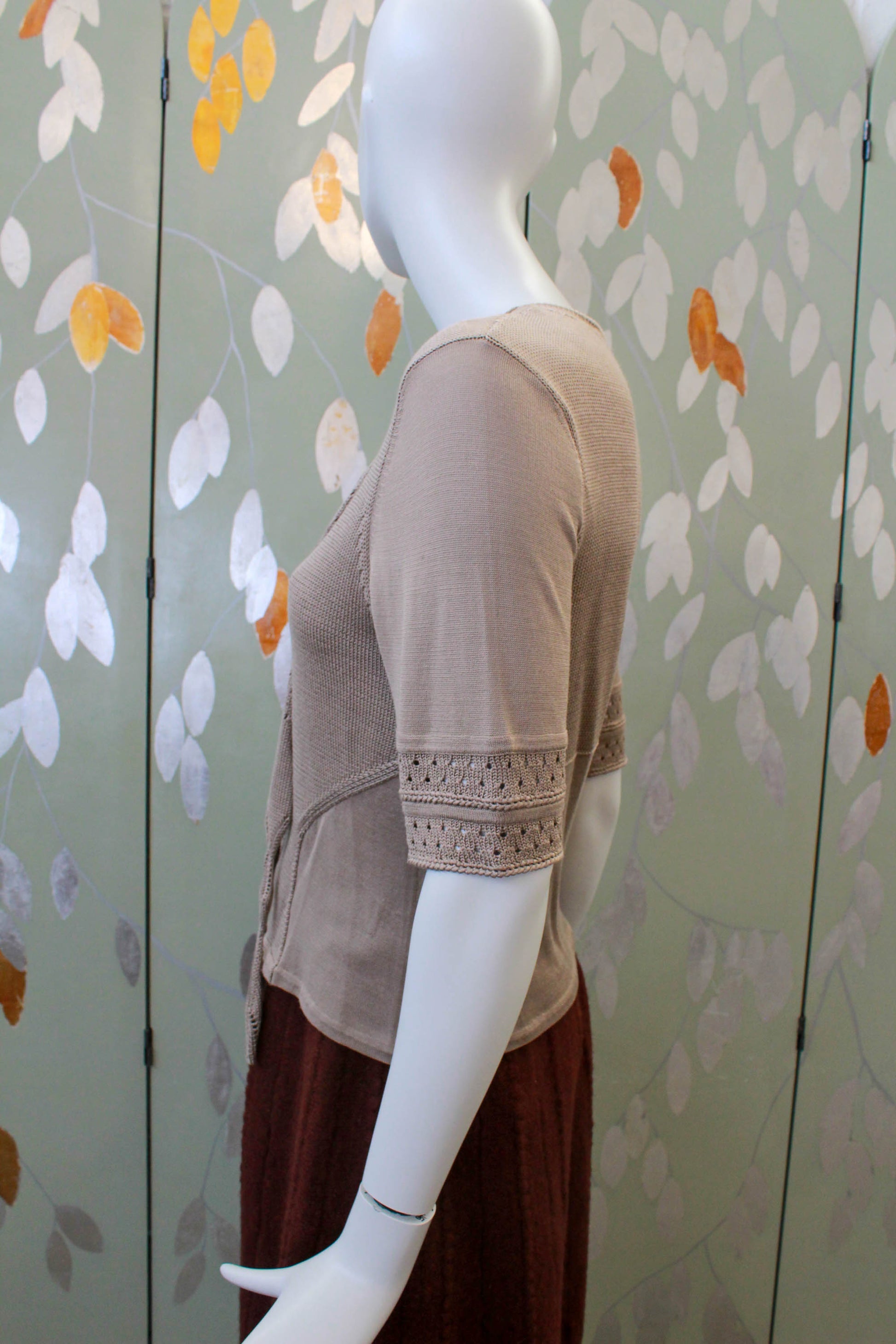 christian lacroix taupe silk knit short sleeve top with bib detail on front y2k designer vintage
