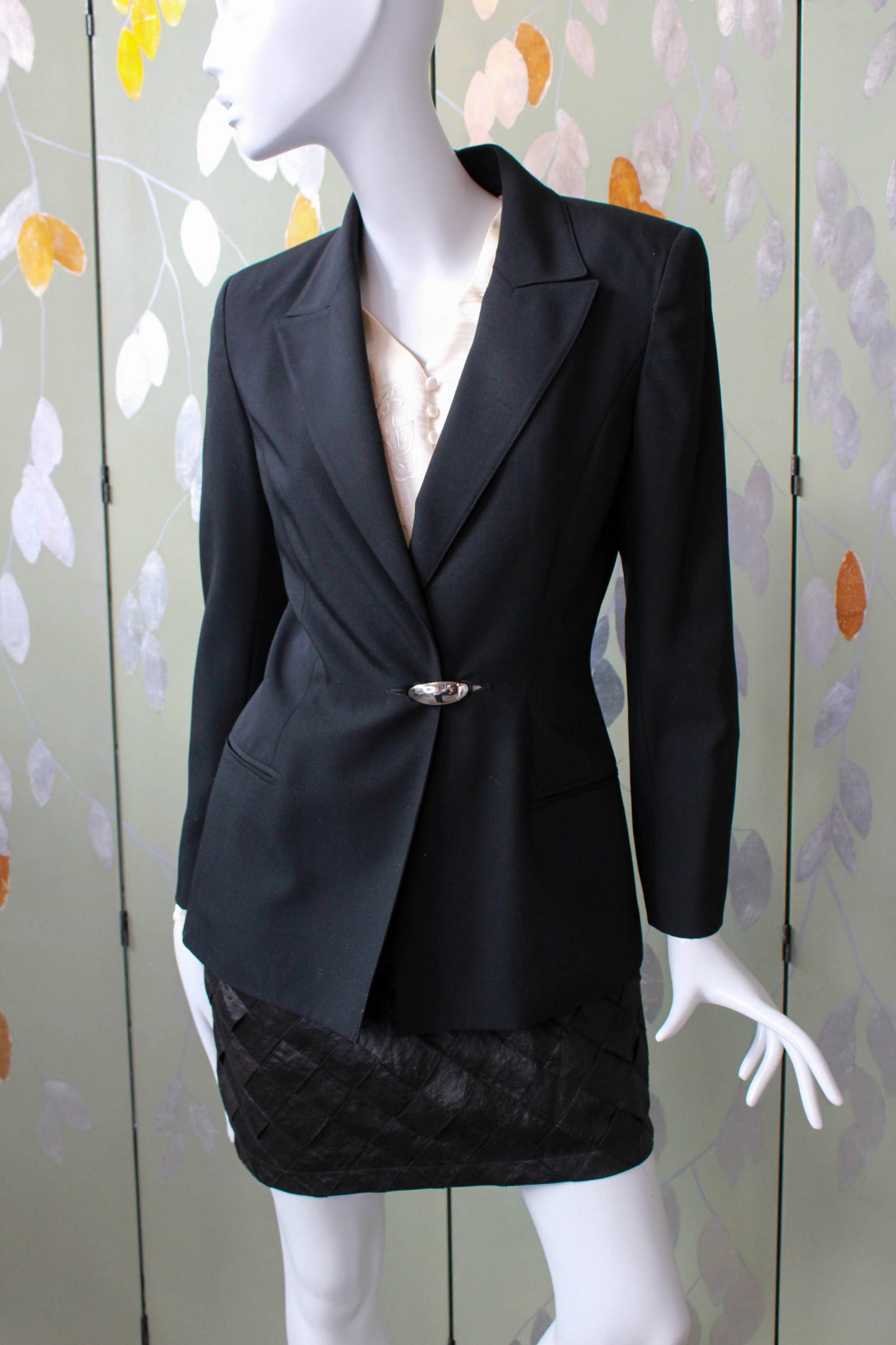 90s claude montana blazer with a silver clasp at the waist, sharp notched collar vintage designer claude montana jacket black