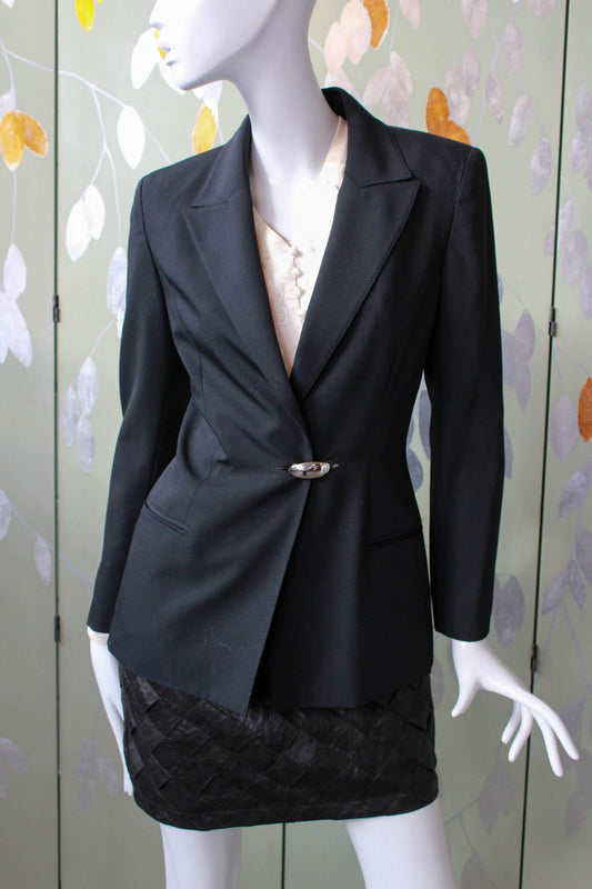 90s claude montana blazer with a silver clasp at the waist, sharp notched collar vintage designer claude montana jacket black