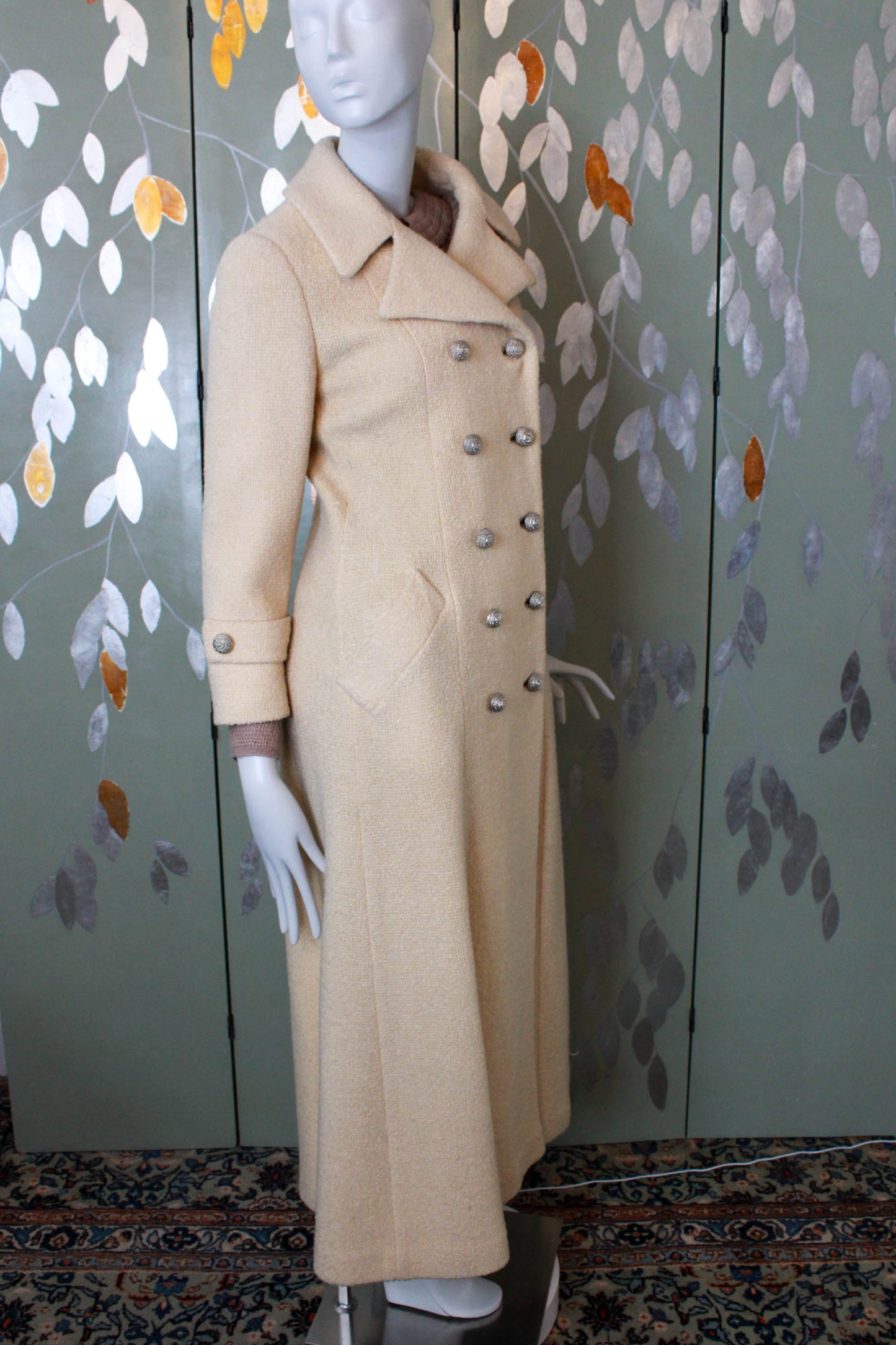 1950s Cream Double Breasted Long Coat, Small