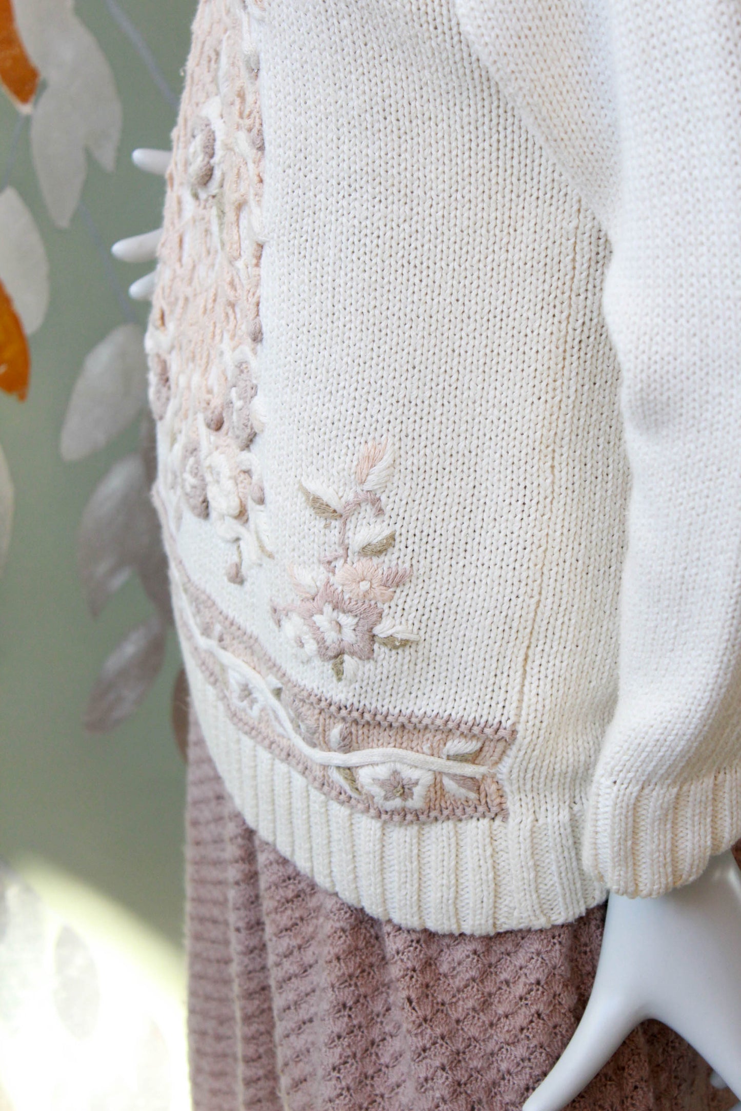 Cream Knit Floral Crochet Applique Sweater, Medium