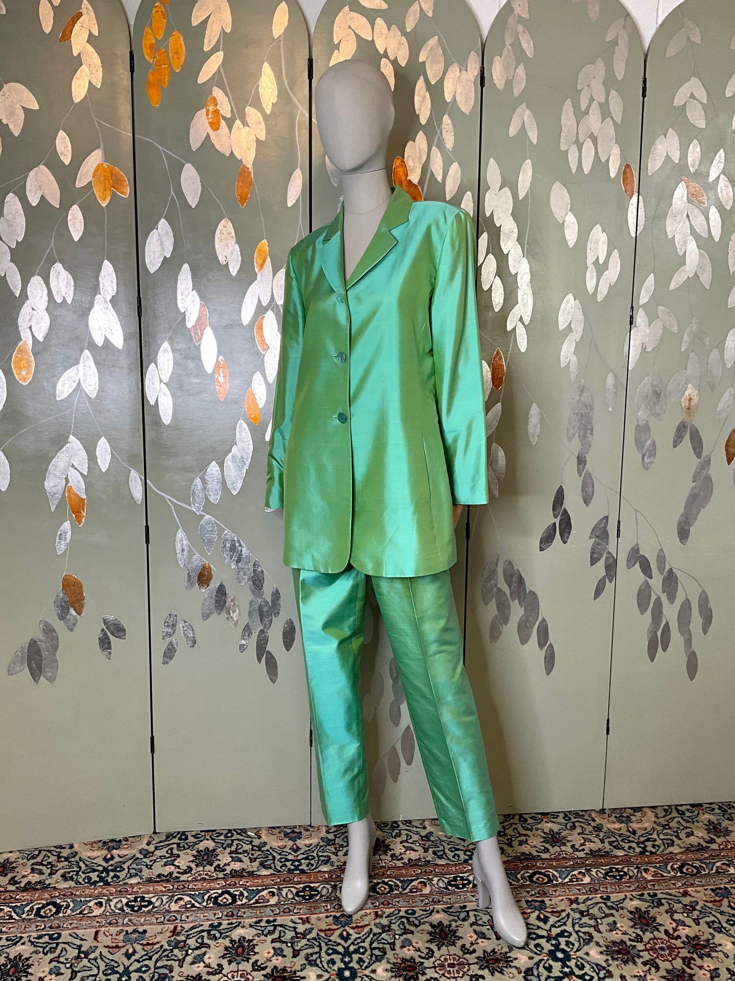 Vintage 1990s Green Silk Pant Suit, Dana Buchman, Large 