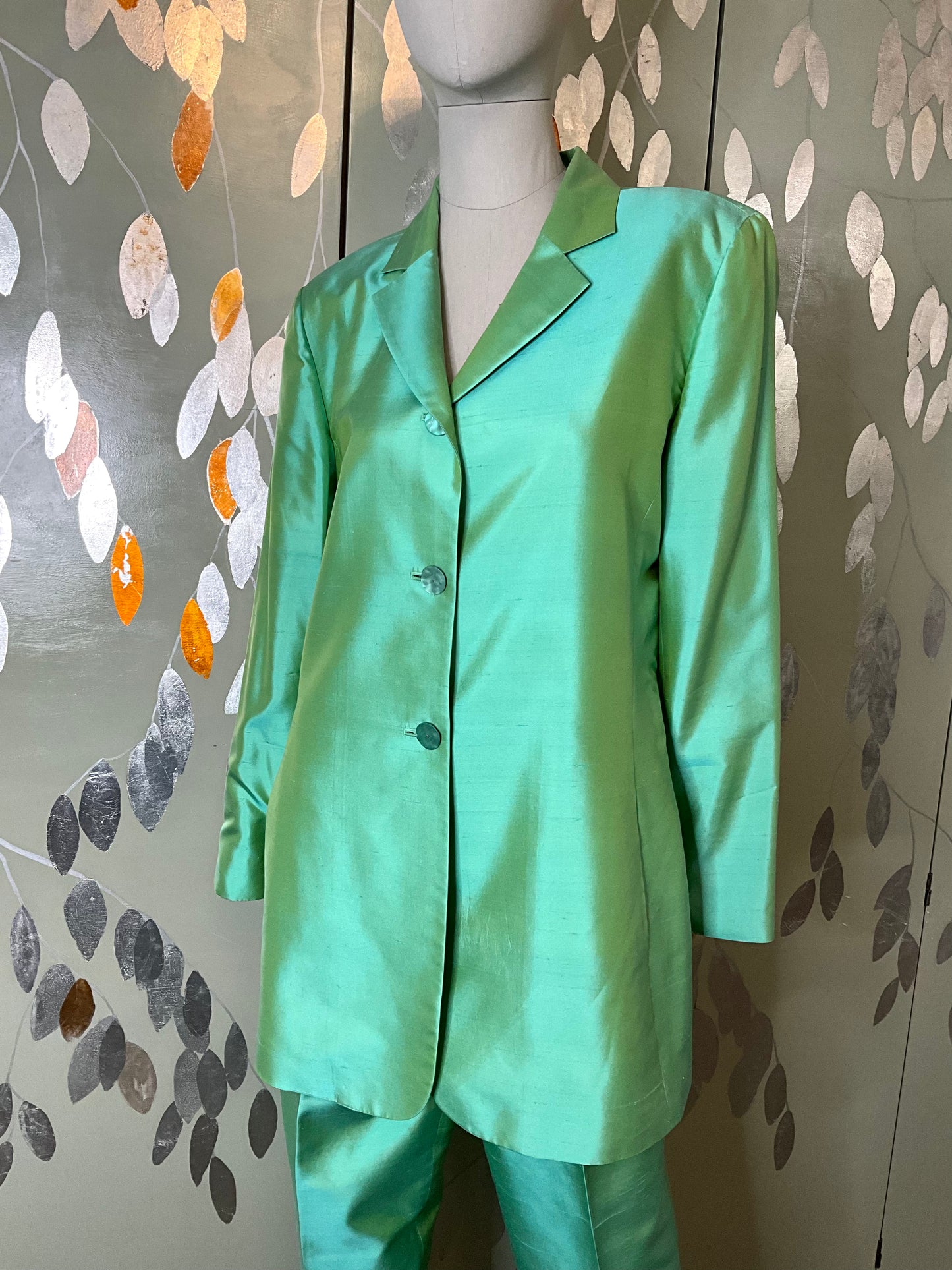 Vintage 1990s Green Silk Pant Suit, Dana Buchman, Large 