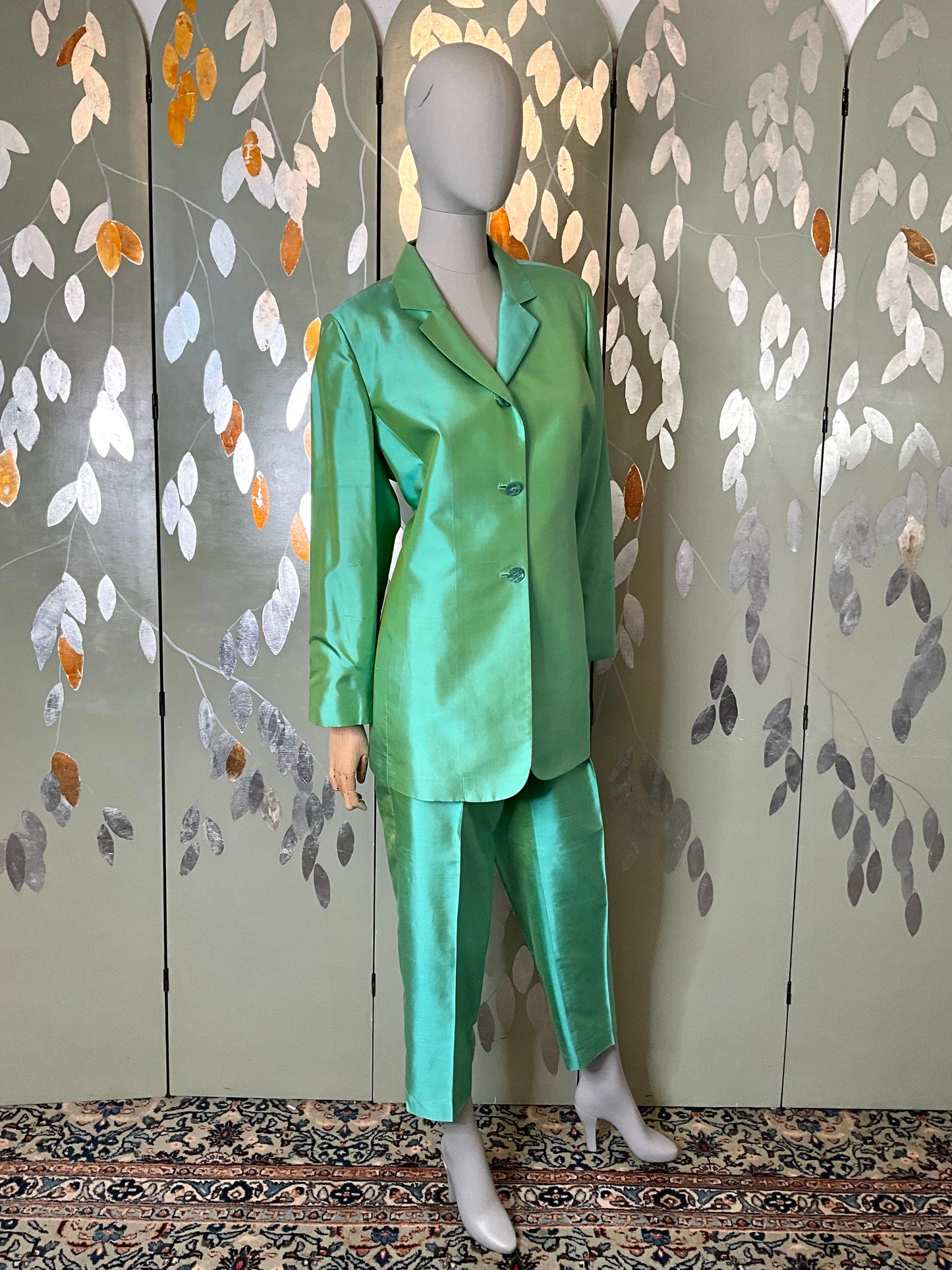 Vintage 1990s Green Silk Pant Suit, Dana Buchman, Large 