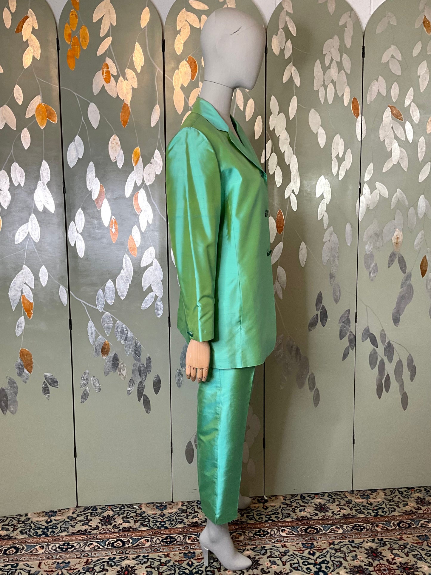 Vintage 1990s Green Silk Pant Suit, Dana Buchman, Large 