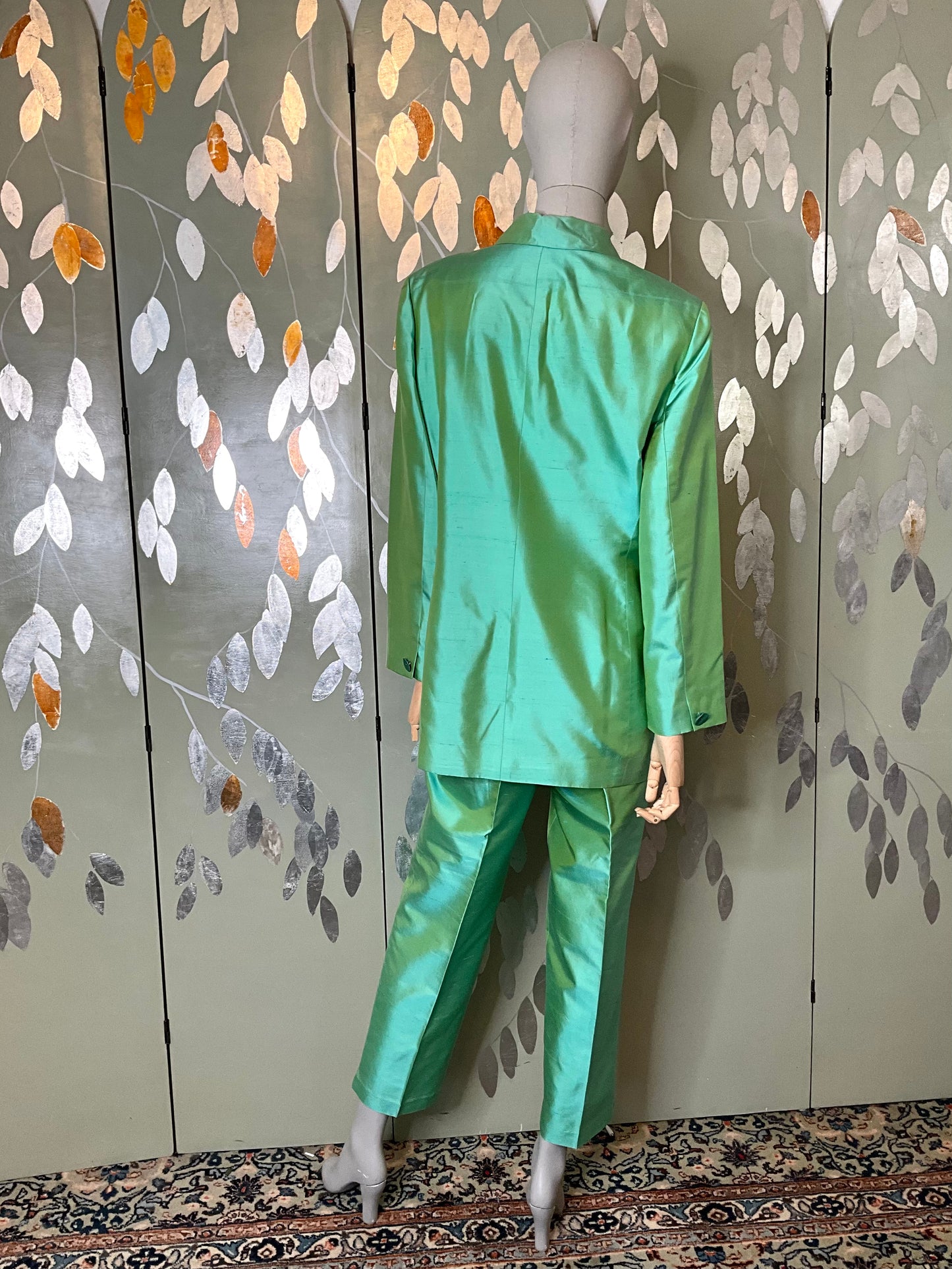 Vintage 1990s Green Silk Pant Suit, Dana Buchman, Large 