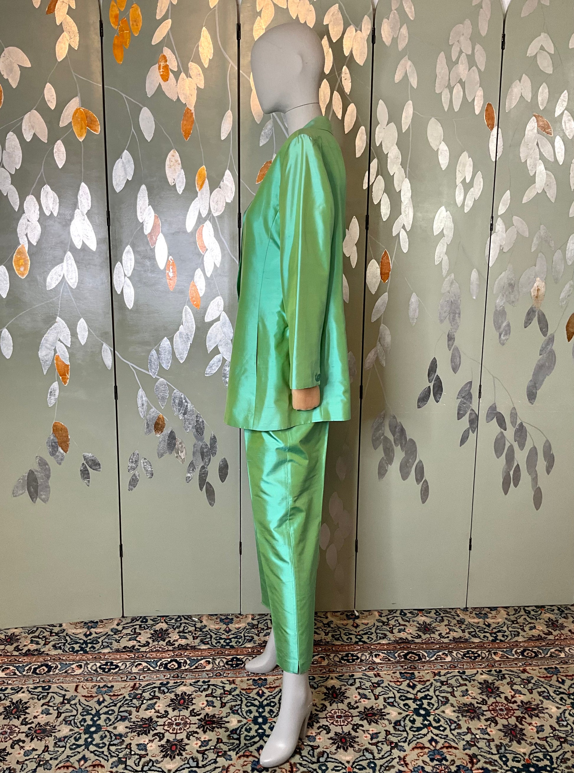 Vintage 1990s Green Silk Pant Suit, Dana Buchman, Large 