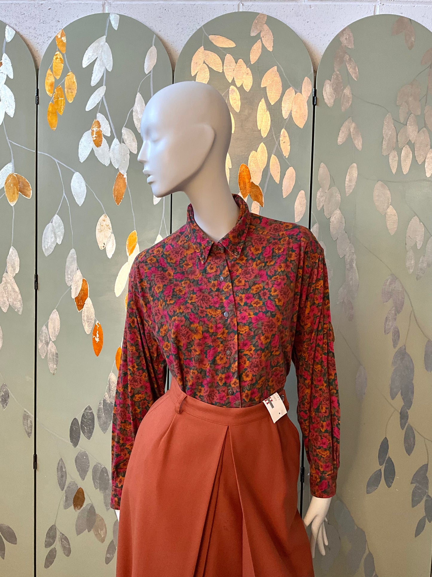 Vintage 1990s Dark Autumn Floral Button Down Collar Cotton Shirt, Large 