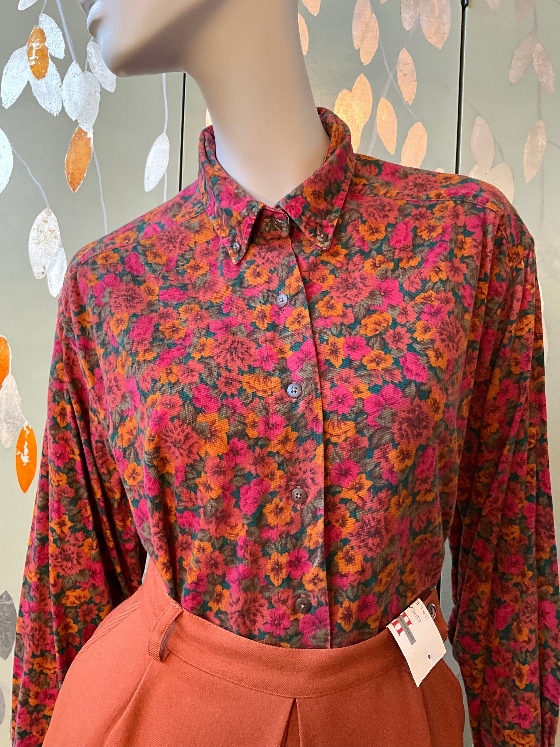 Vintage 1990s Dark Autumn Floral Button Down Collar Cotton Shirt, Large 