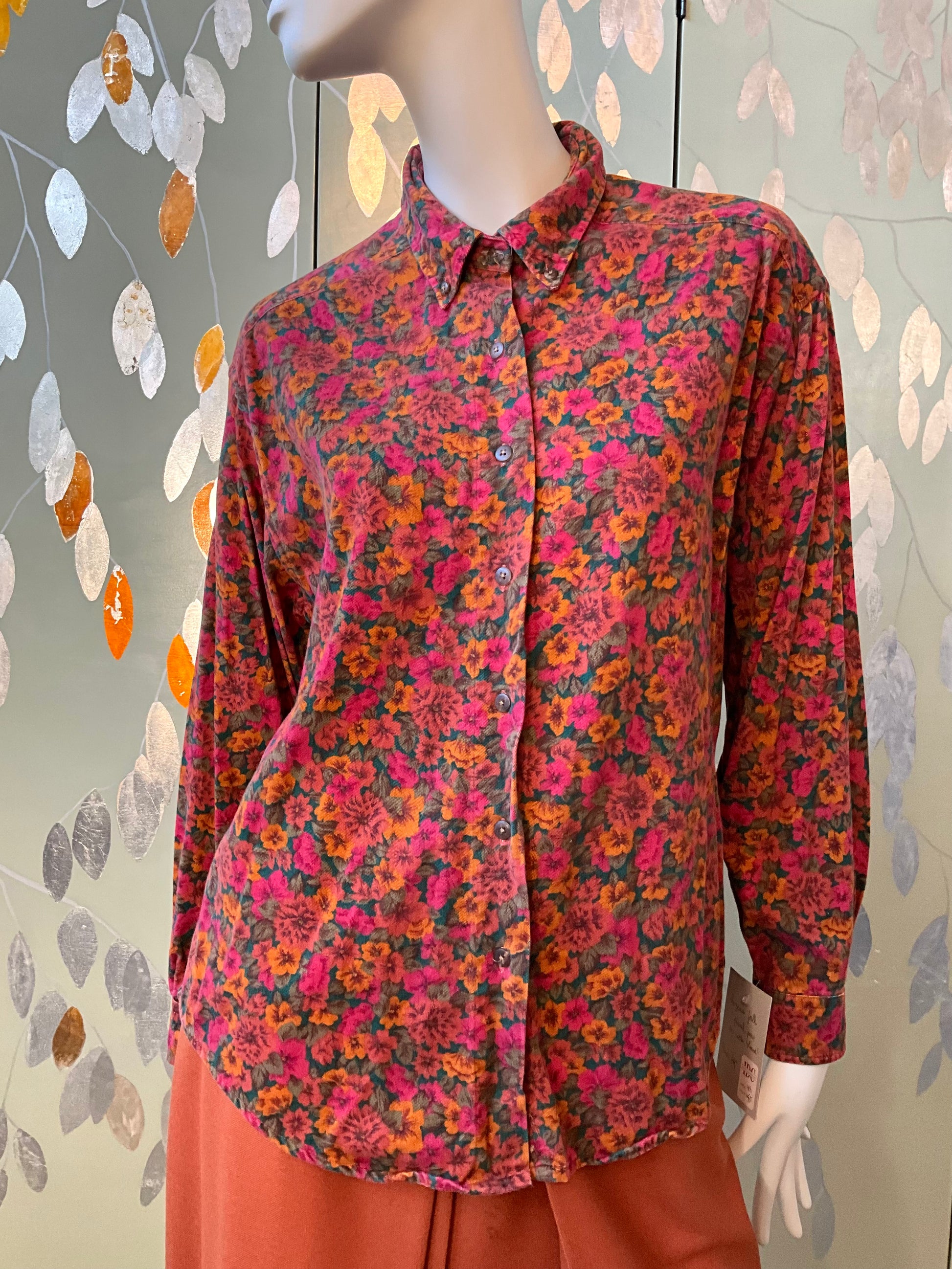 Vintage 1990s Dark Autumn Floral Button Down Collar Cotton Shirt, Large 