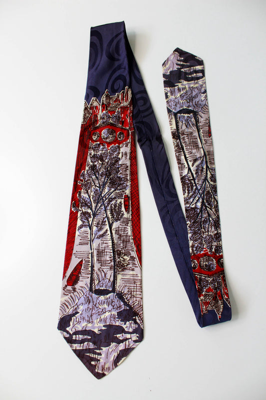 1940s tree print illustration rayon necktie, wide tongue, french look by raxon