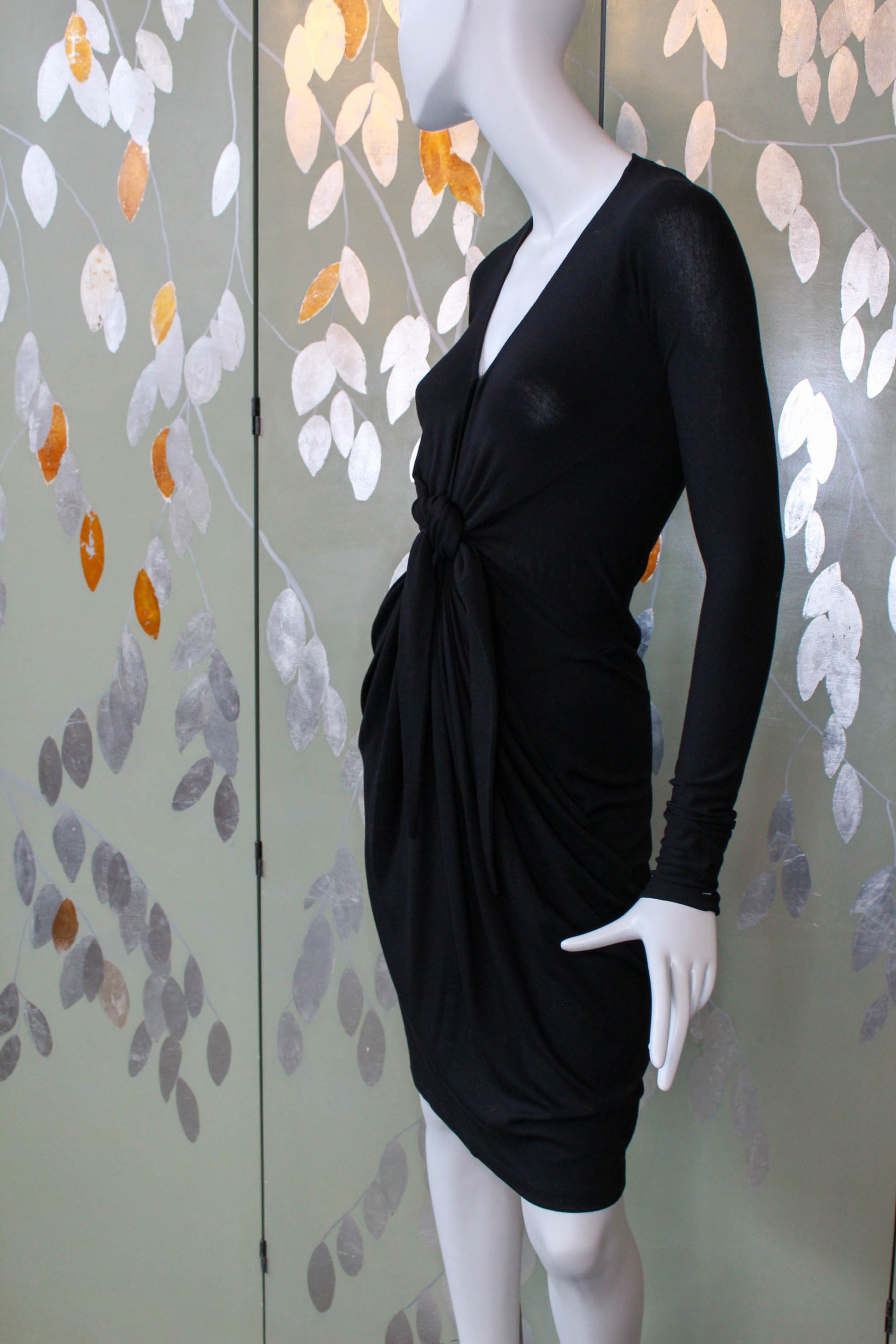 2000s DKNY donna karan new york black label wool blend jersey spandex dress with long sleeves, tie at centre front waist, deep v neck, holiday new years eve party dress