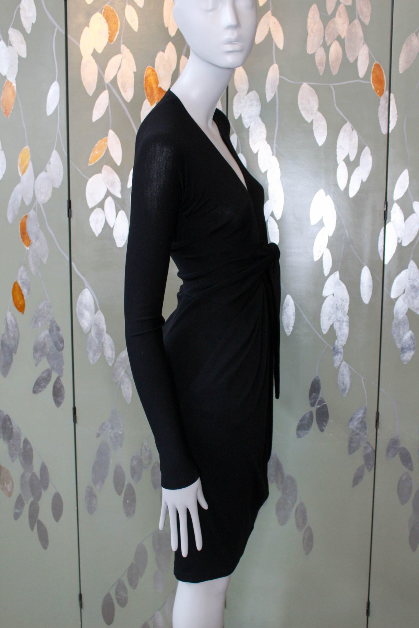 2000s DKNY donna karan new york black label wool blend jersey spandex dress with long sleeves, tie at centre front waist, deep v neck, holiday new years eve party dress