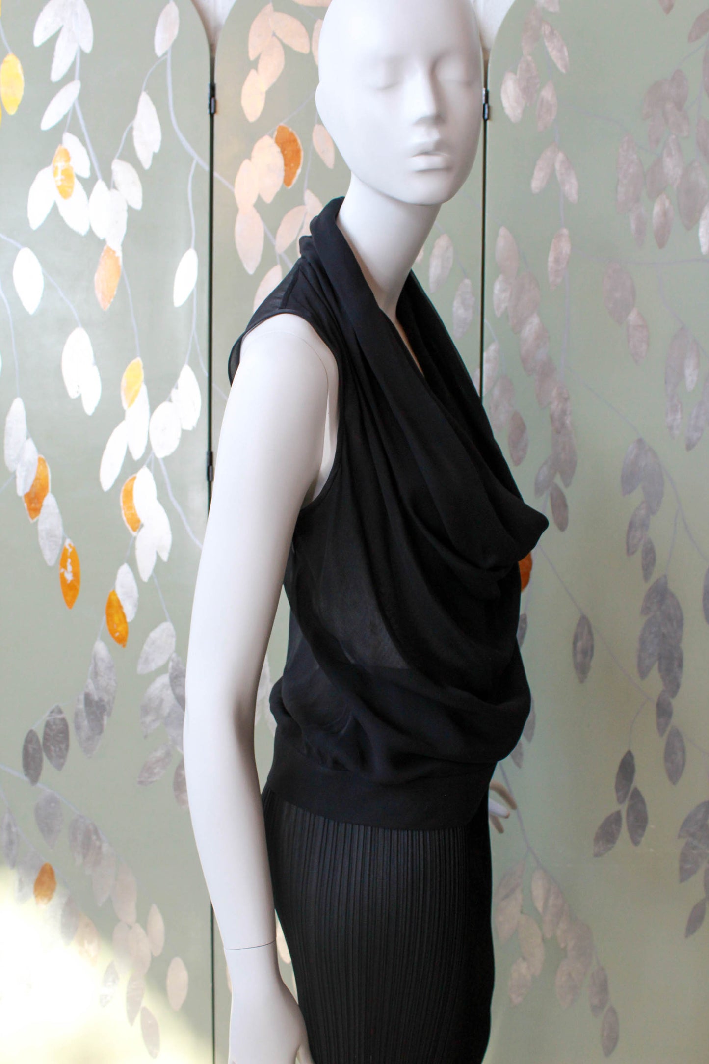 y2k donna karan new york dkny sheer black silk cowl neck sleeveless top 2000s fashion