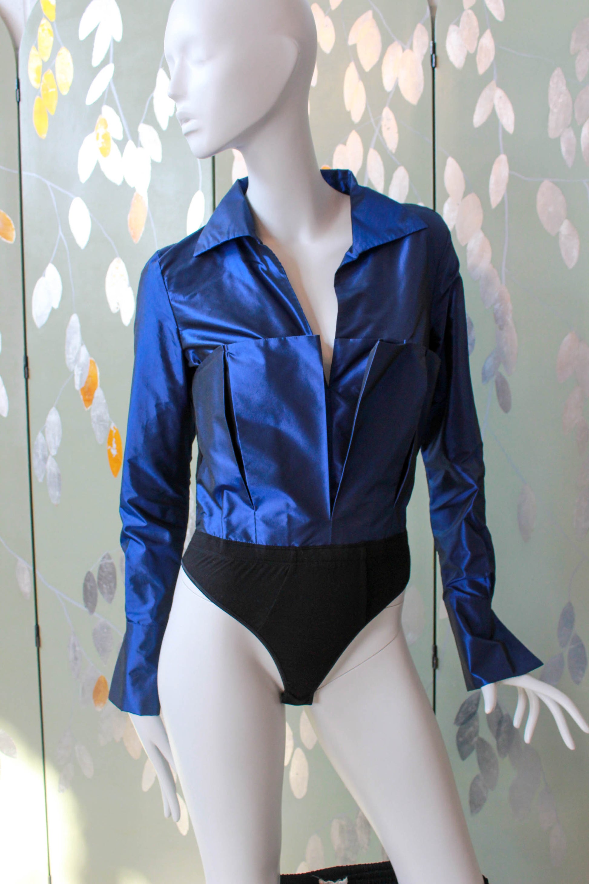 y2k going out top / blouse Donna Karan New York DKNY Iridescent blue collared bodysuit blouse with sculpted front pocket design, long sleeves, v neck and bodysuit design 