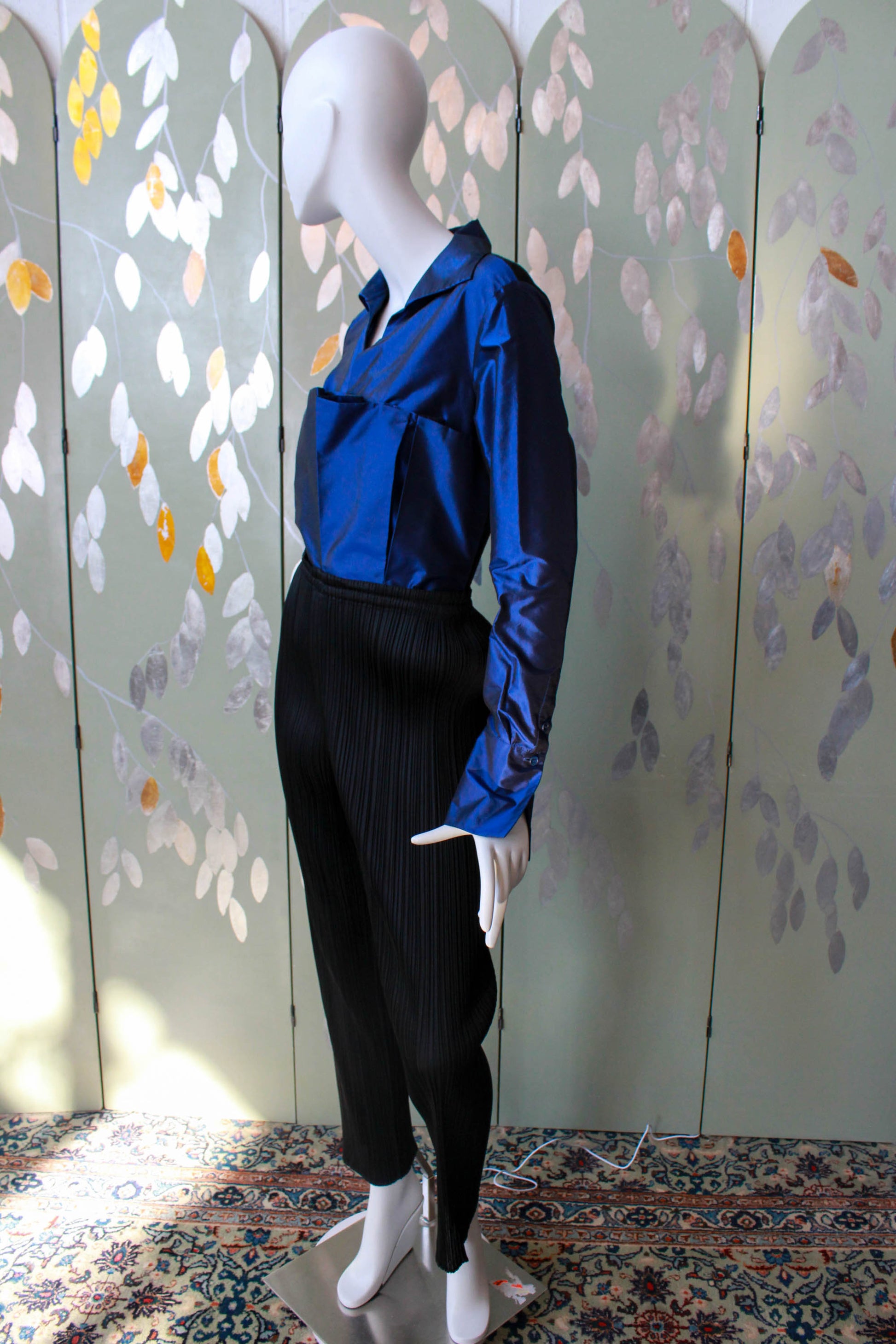Donna Karan Blue Silk Iridescent Blouse-Bodysuit, Small