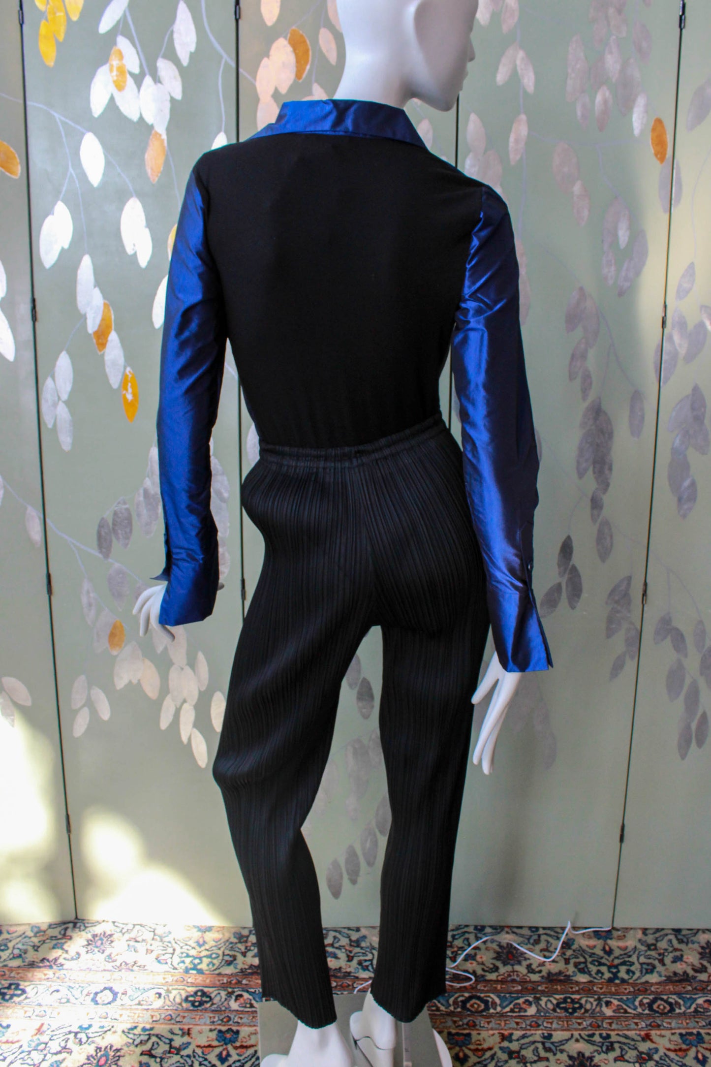 y2k going out top / blouse Donna Karan New York DKNY Iridescent blue collared bodysuit blouse with sculpted front pocket design, long sleeves, v neck and bodysuit design 