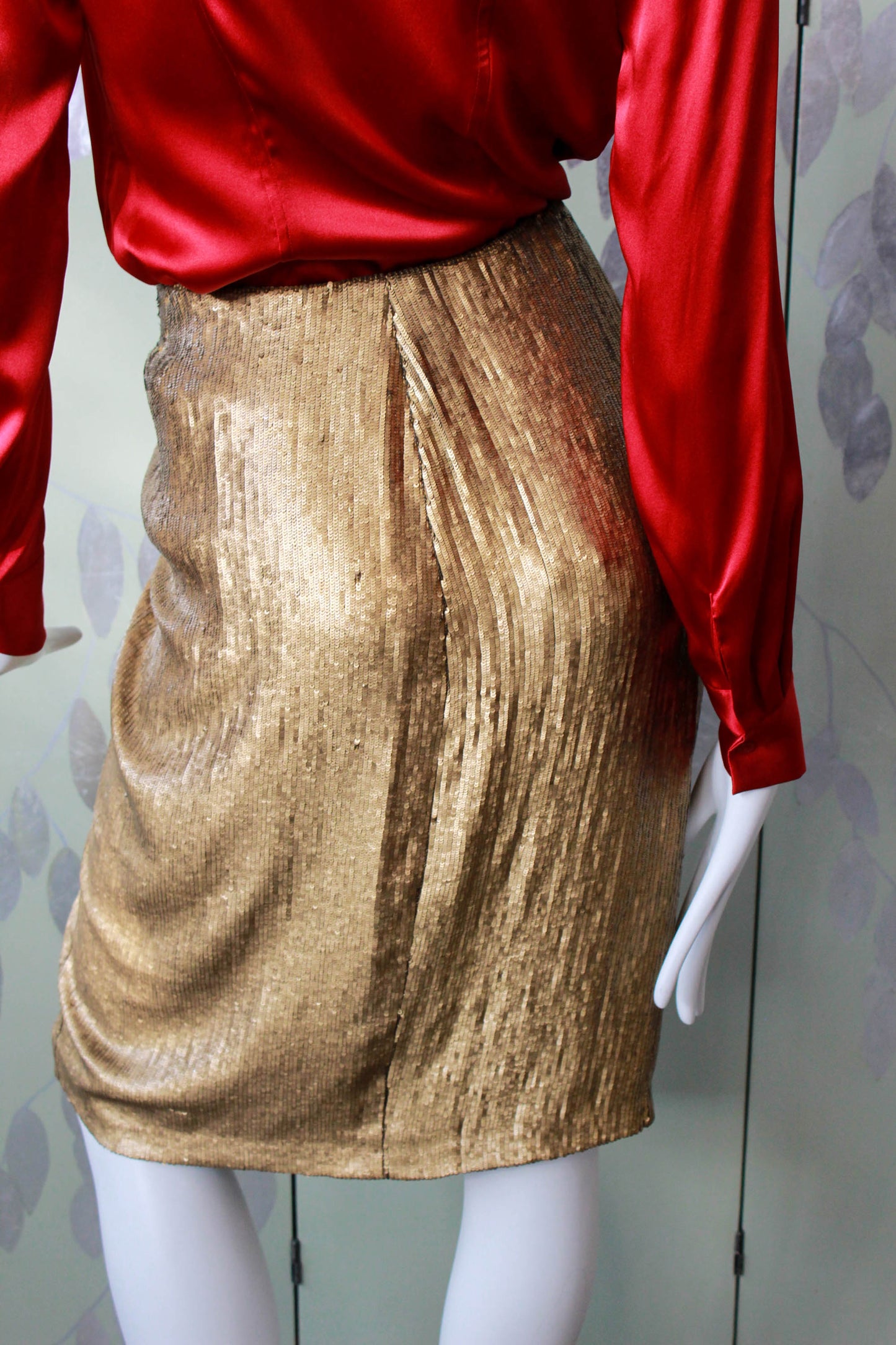 y2k Donna Karan New York Gold Sequin and Silk Wrap Skirt with ruched front design, front slit. vintage 2000s DKNY