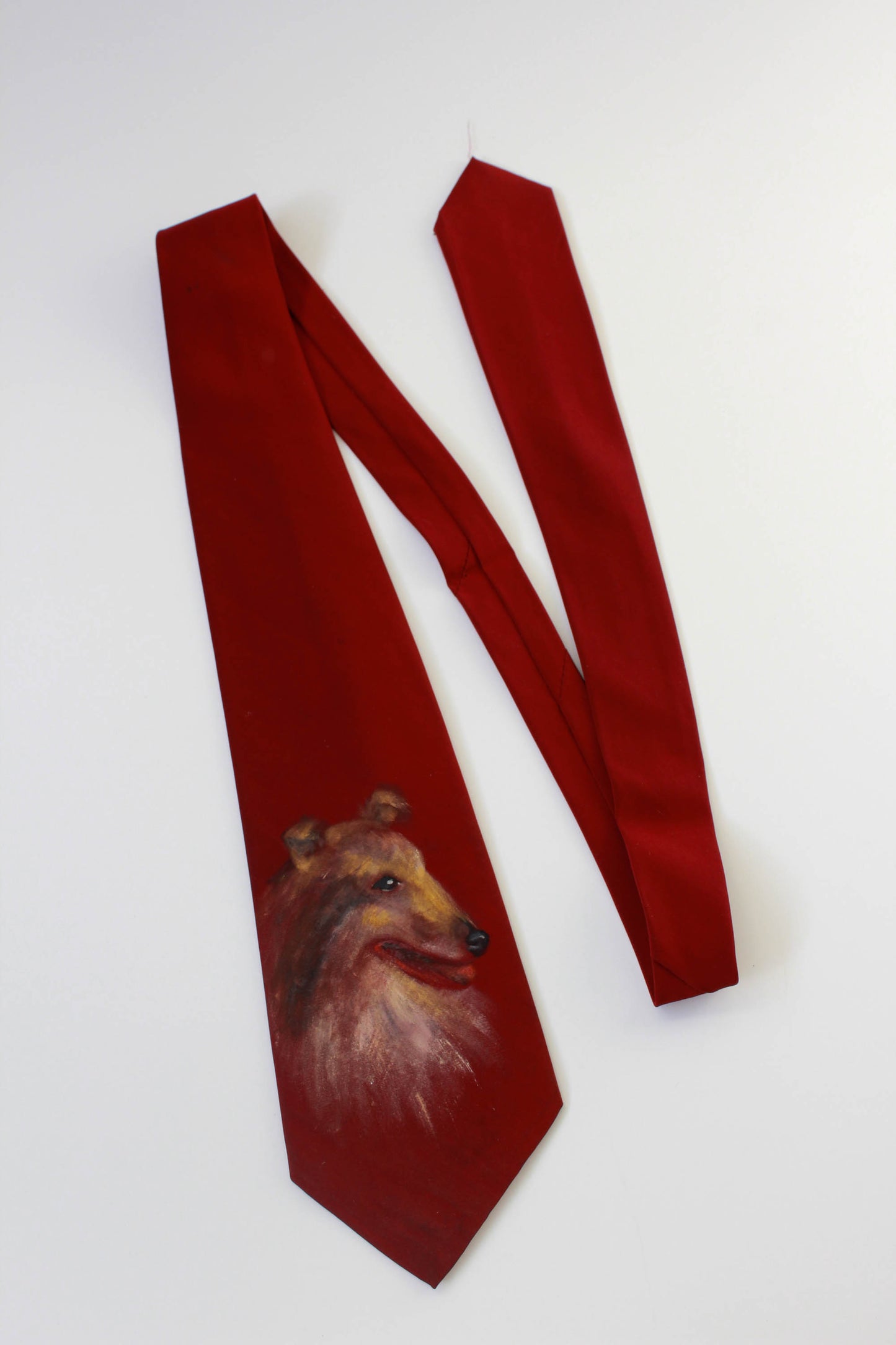 1940s hand painted necktie wide tongue necktie, red rayon, border collie dog painting