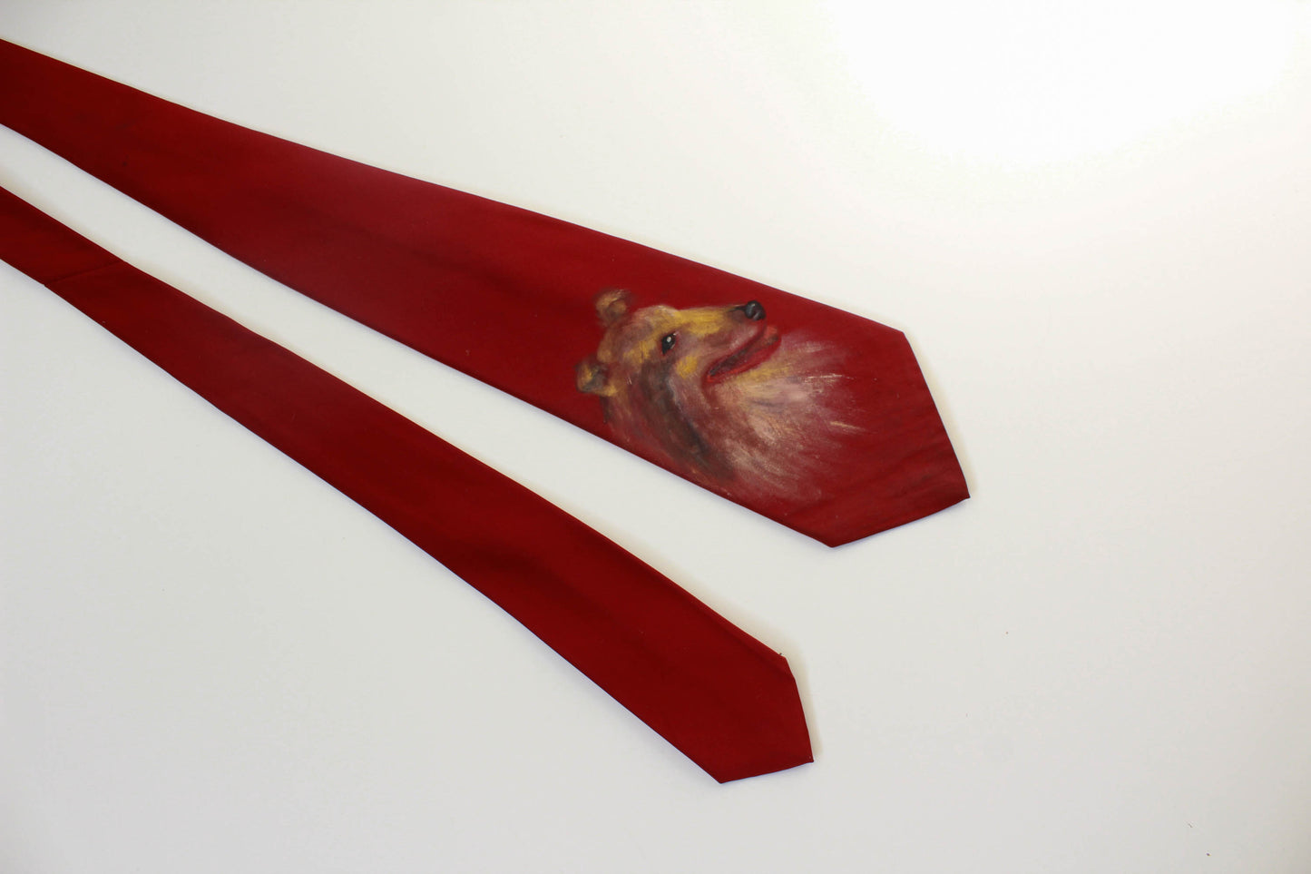 1940s hand painted necktie wide tongue necktie, red rayon, border collie dog painting
