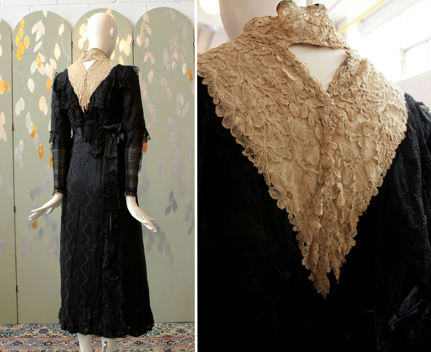 Antique Edwardian 1900s Black Dress, XS,  Lace Collar Sheer Front Panel, Half Sleeve, Lace Trimmings, Wounded Bird