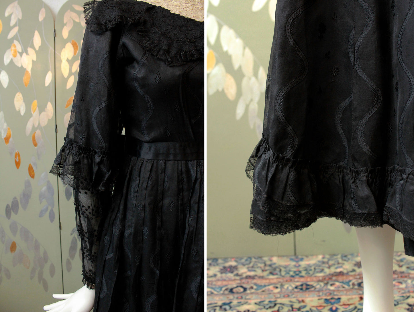 Antique Edwardian 1900s Black Dress, XS,  Lace Collar Sheer Front Panel, Half Sleeve, Lace Trimmings, Wounded Bird