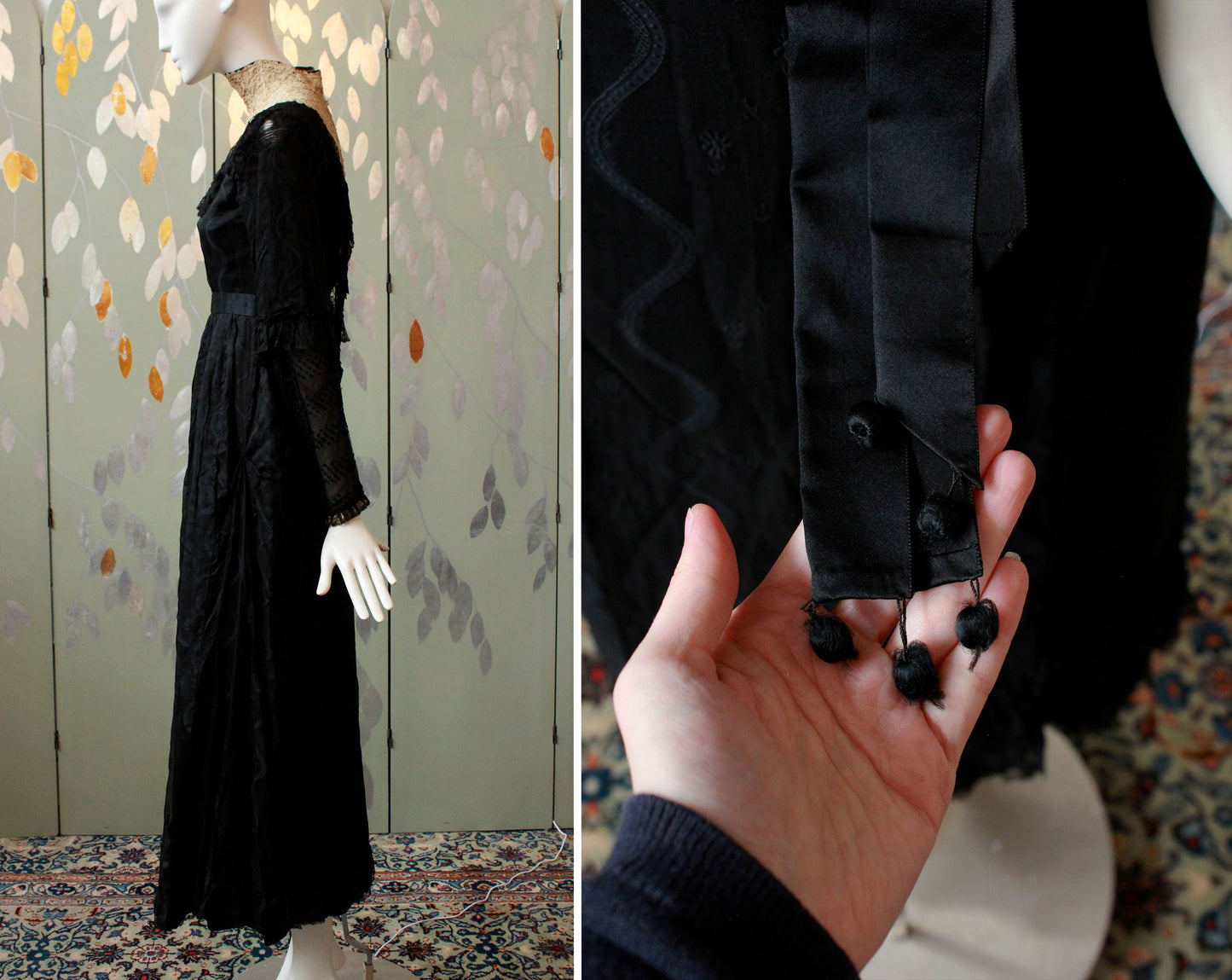 Antique Edwardian 1900s Black Dress, XS,  Lace Collar Sheer Front Panel, Half Sleeve, Lace Trimmings, Wounded Bird