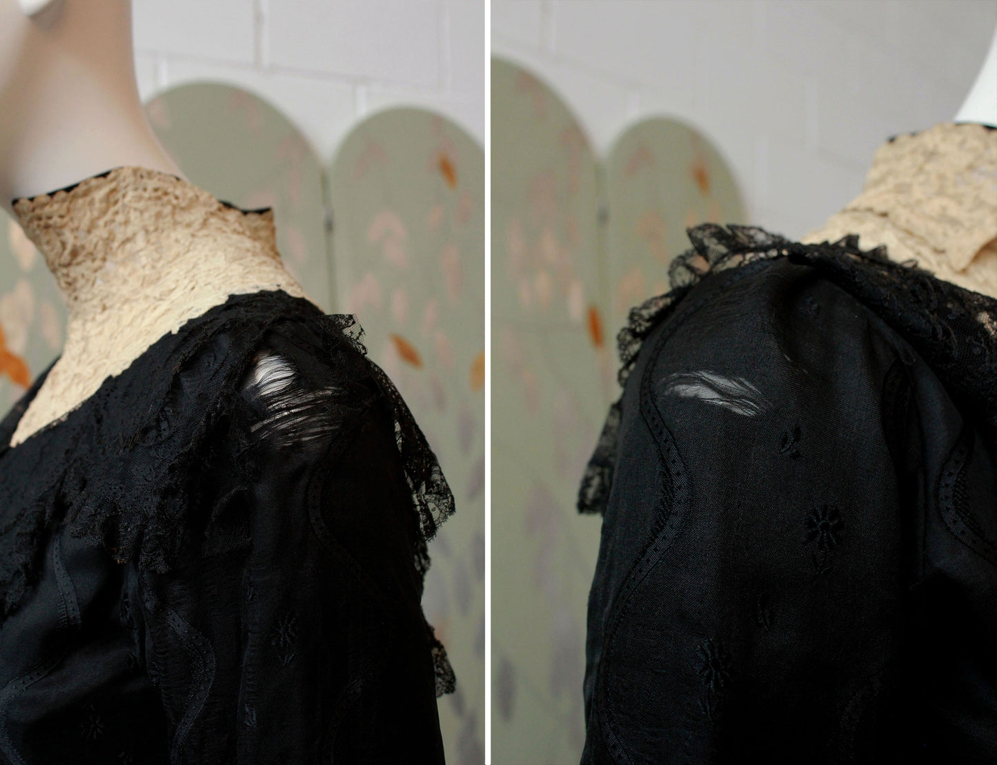 Antique Edwardian 1900s Black Dress, XS,  Lace Collar Sheer Front Panel, Half Sleeve, Lace Trimmings, Wounded Bird