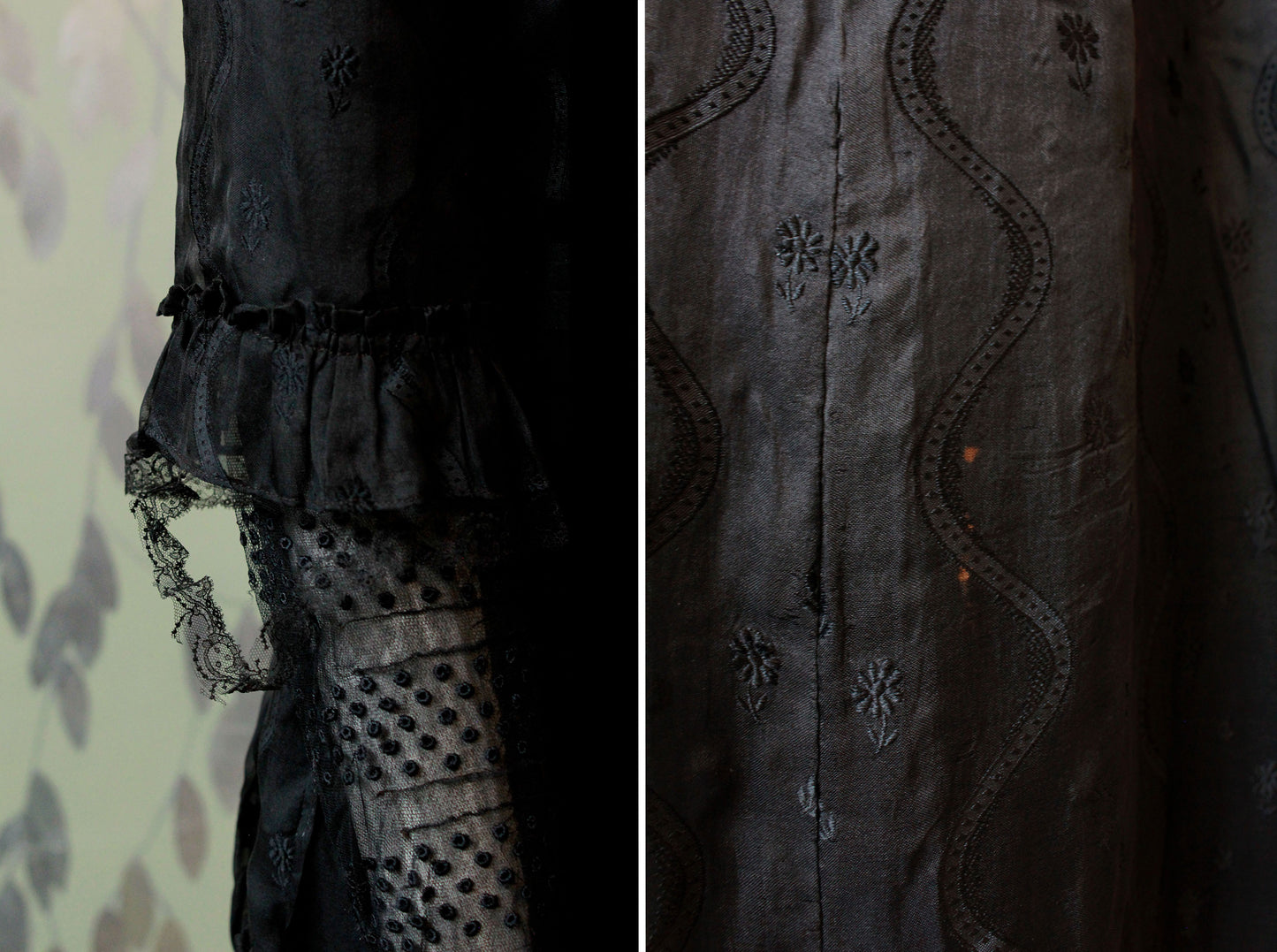 Antique Edwardian 1900s Black Dress, XS,  Lace Collar Sheer Front Panel, Half Sleeve, Lace Trimmings, Wounded Bird