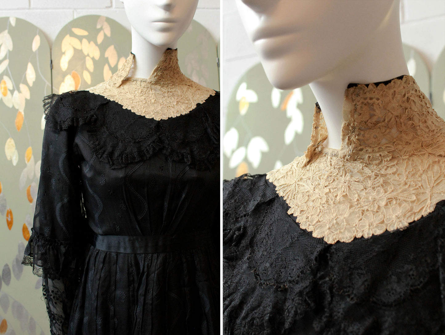 Antique Edwardian 1900s Black Dress, XS,  Lace Collar Sheer Front Panel, Half Sleeve, Lace Trimmings, Wounded Bird