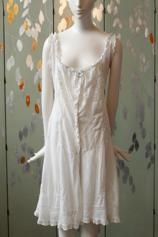 Antique Edwardian Combination with light blue ribbon, Made of Cotton, Lace trimming, Step In, Cottage core, Size Small