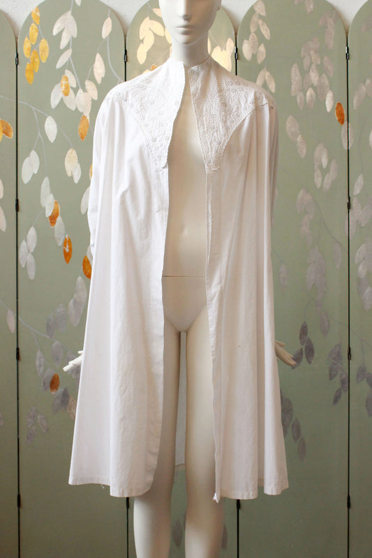 1910s Antique Cotton Robe, Antique Dressing Gown, Broderie Anglaise, Cottage Core Robe
