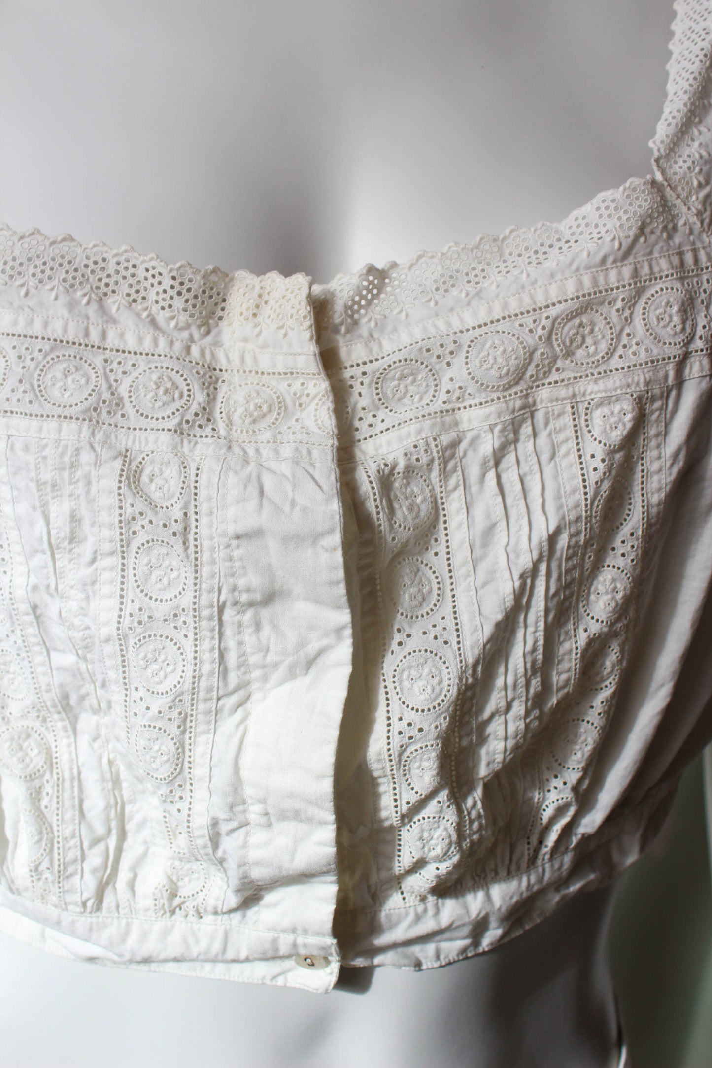 Antique Victorian Edwardian white cotton eyelet corset cover, cropped bodice, eyelet trim crisp antique whites, larger size 