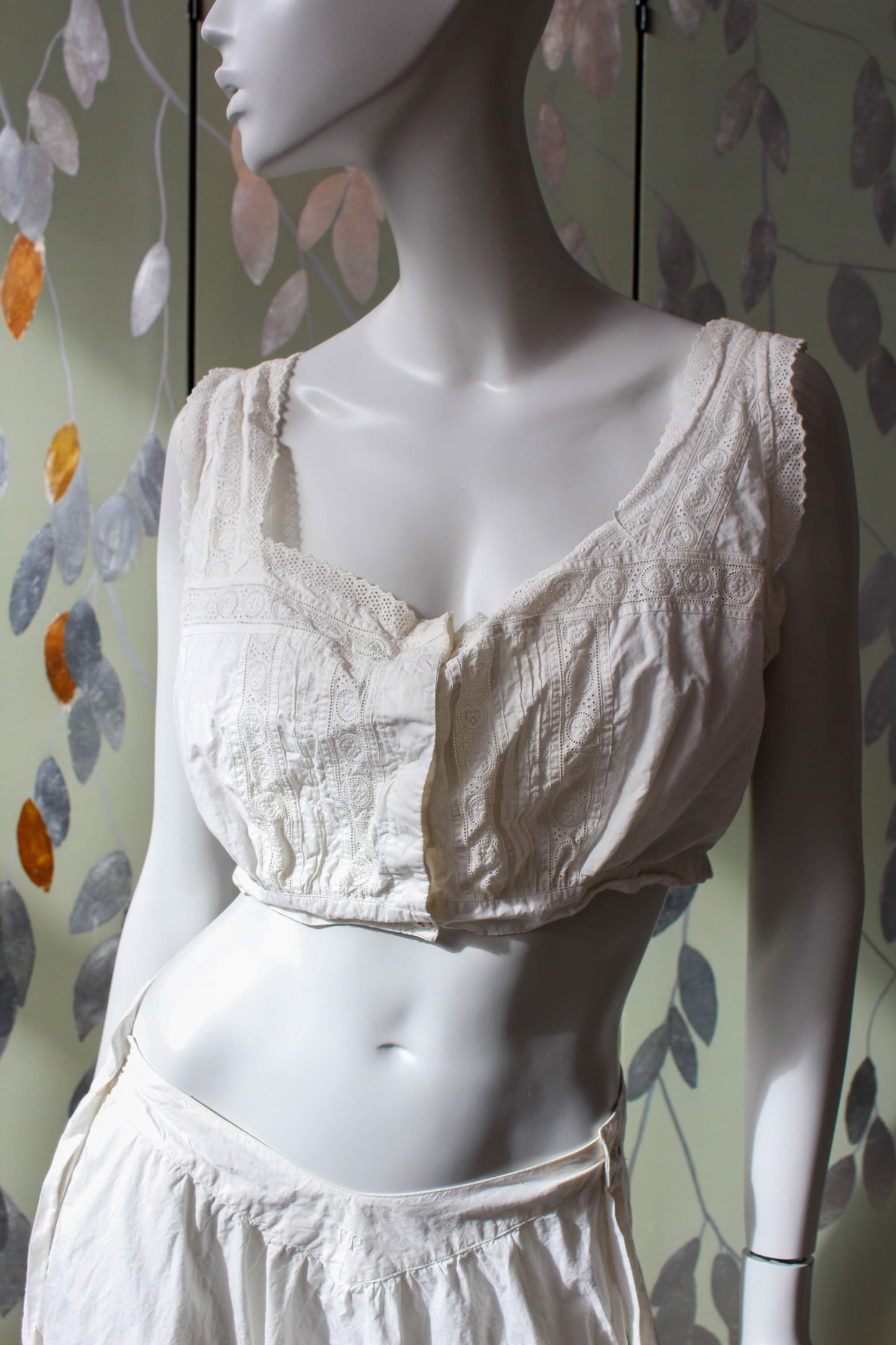 Antique Victorian Edwardian white cotton eyelet corset cover, cropped bodice, eyelet trim crisp antique whites, larger size 