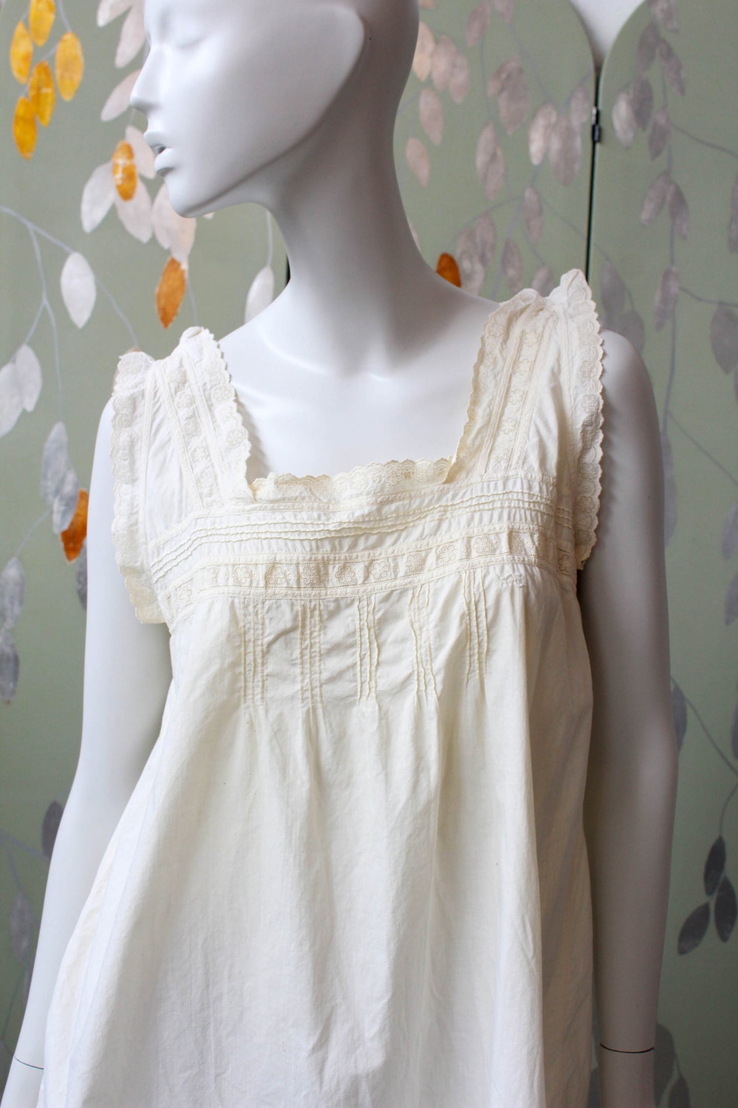 Antique White Cotton Nightgown with Daisy Eyelet Trim, Large