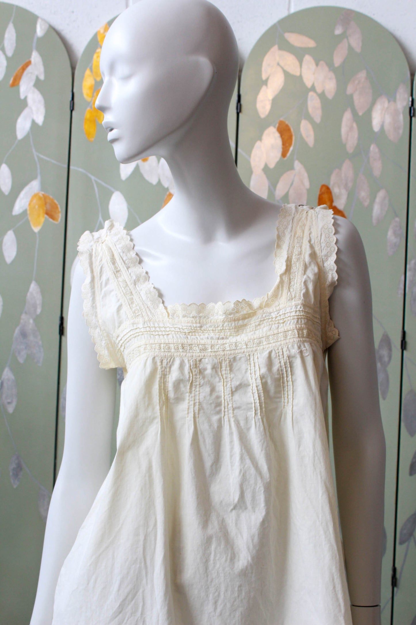 Antique White Cotton Nightgown with Circle Eyelet Trim, Large