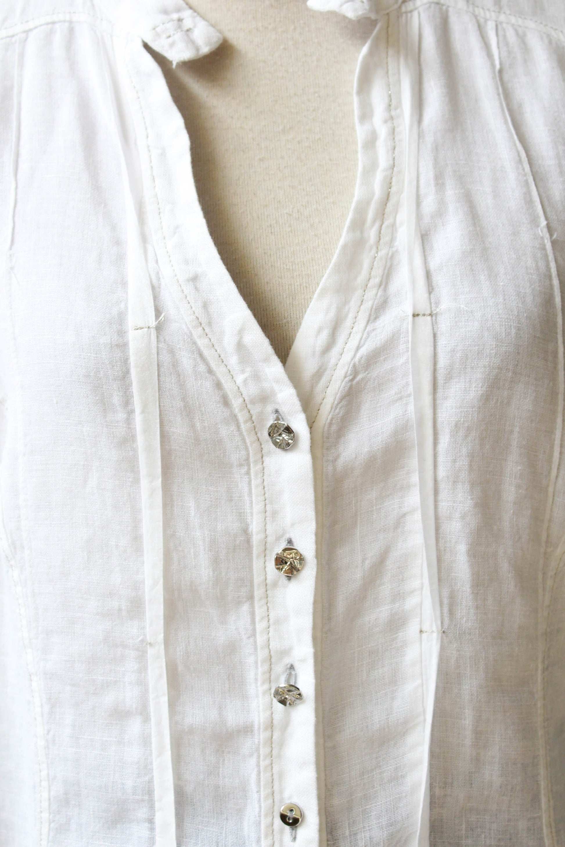 elisa cavaletti white linen button up blouse with eyelet embroidered flared sleeves, silver buttons
