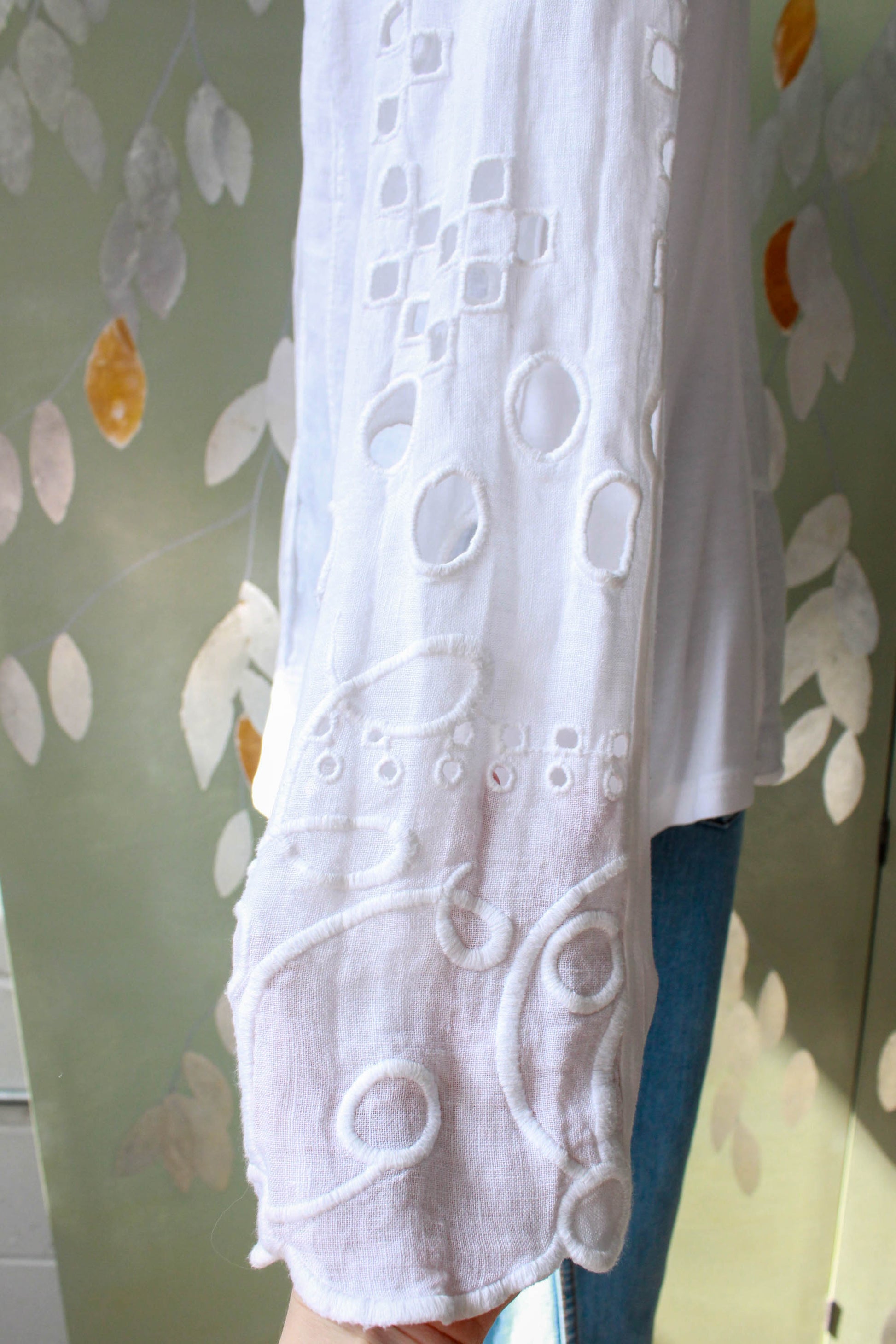 elisa cavaletti white linen button up blouse with eyelet embroidered flared sleeves, silver buttons